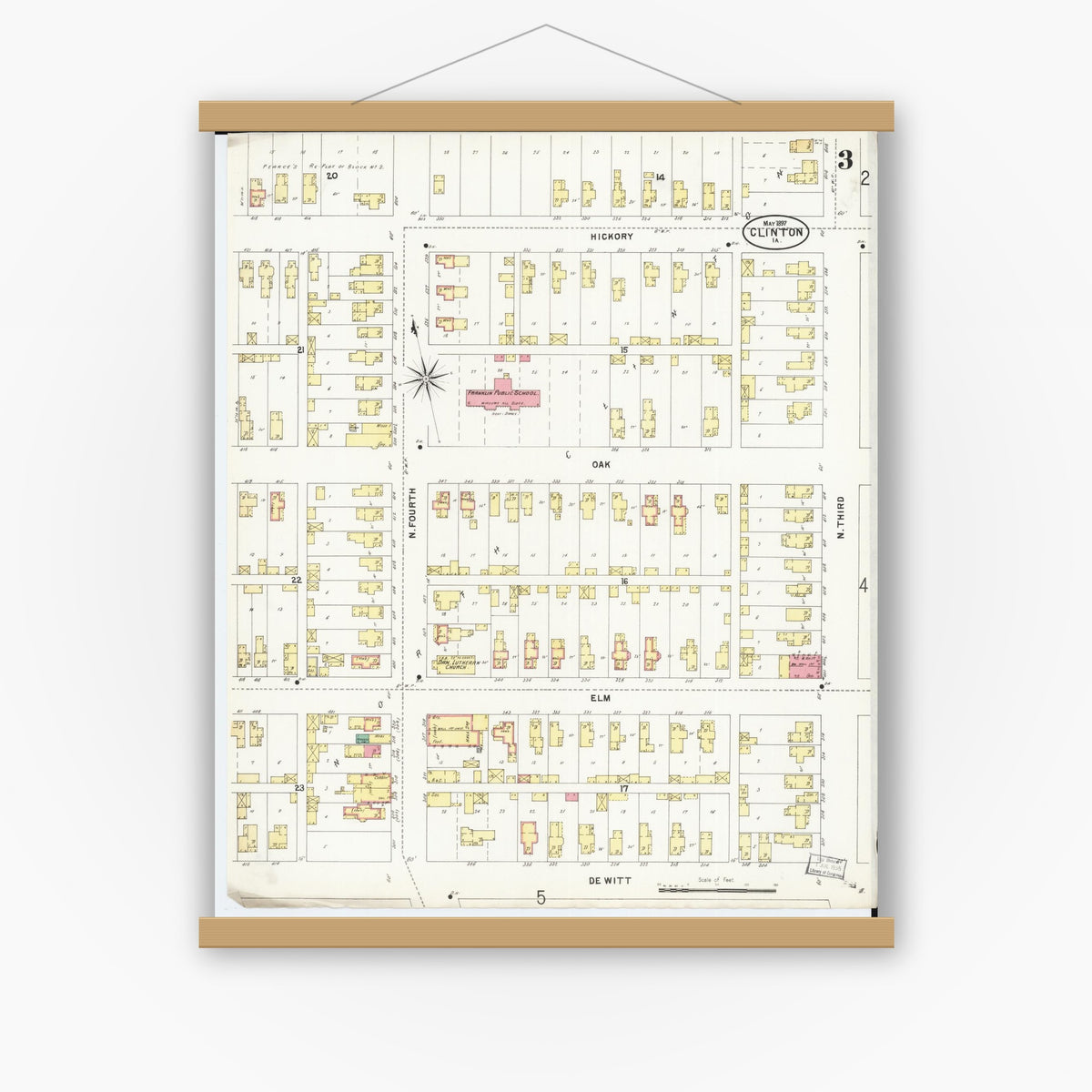 Old map wall art mockup — magnetic wood frame on white wall — Sanborn Fire Insurance Map from Clinton, Clinton County, Iowa (1897), Sheet #0003