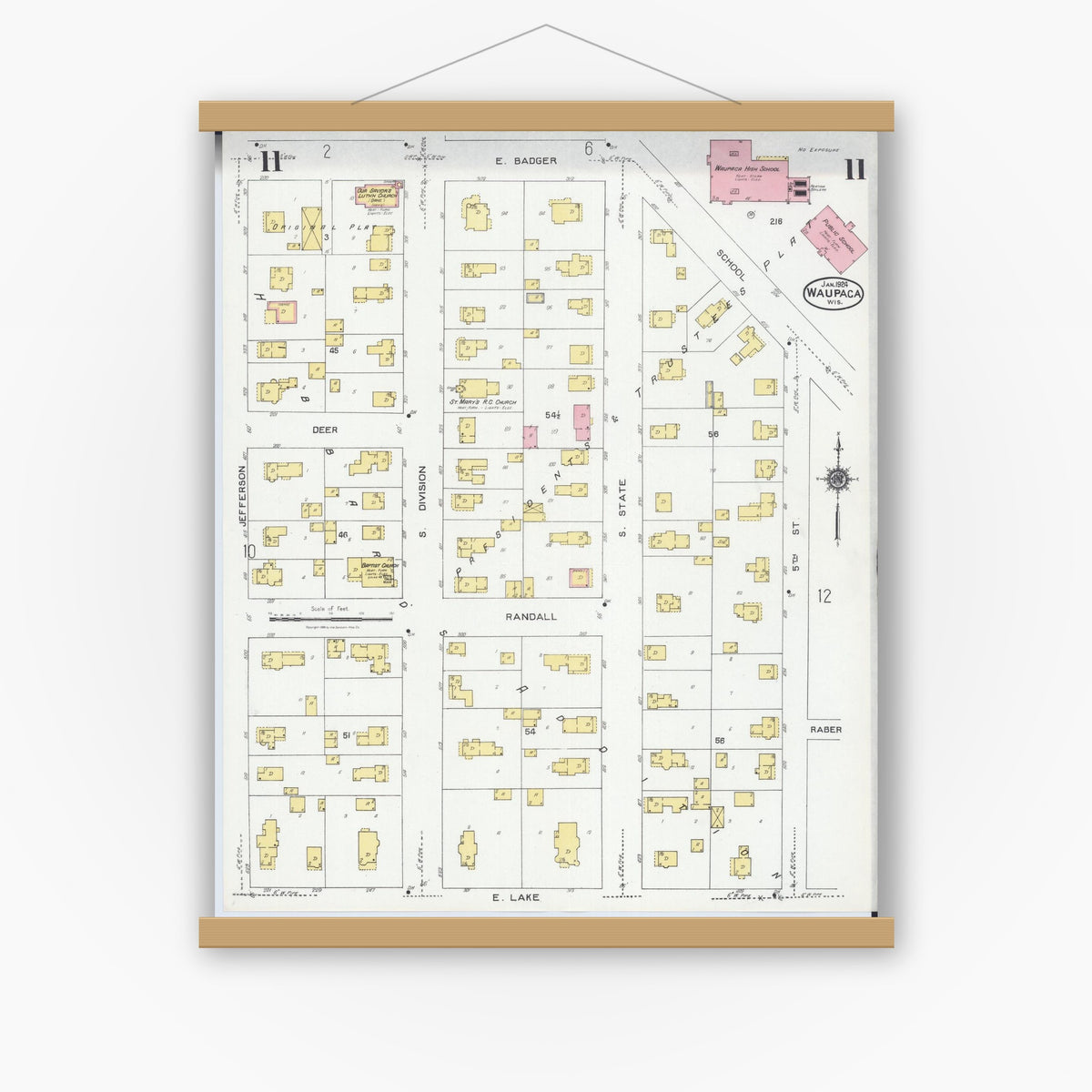 Old map wall art mockup — magnetic wood frame on white wall — Sanborn Fire Insurance Map from Waupaca, Waupaca County, Wisconsin (1924), Sheet #0011