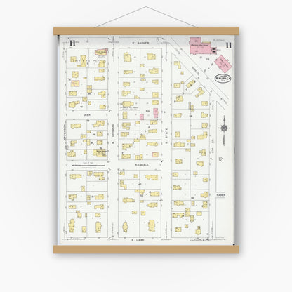 Old map wall art mockup — magnetic wood frame on white wall — Sanborn Fire Insurance Map from Waupaca, Waupaca County, Wisconsin (1924), Sheet #0011