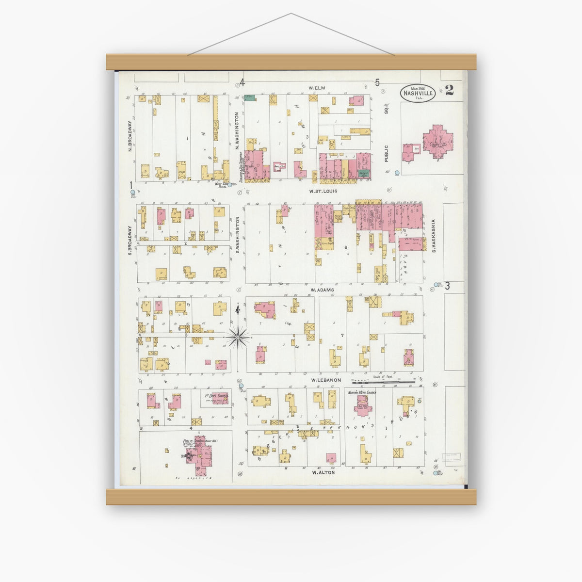 Old map wall art mockup — magnetic wood frame on white wall — Sanborn Fire Insurance Map from Nashville, Washington County, Illinois (1906), Sheet #0002