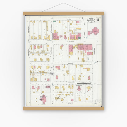 Old map wall art mockup — magnetic wood frame on white wall — Sanborn Fire Insurance Map from Nashville, Washington County, Illinois (1906), Sheet #0002