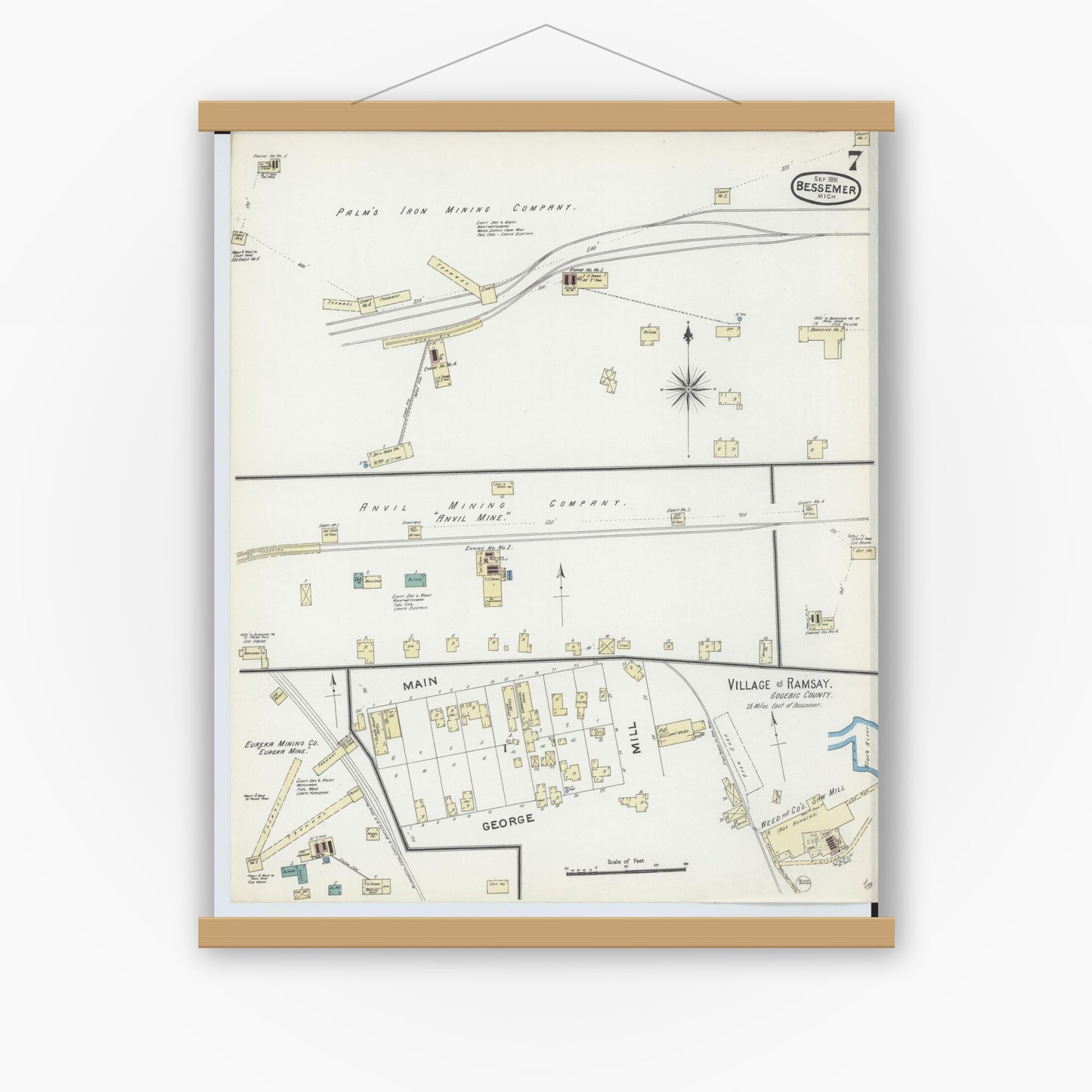 Old map wall art mockup — magnetic wood frame on white wall — Sanborn Fire Insurance Map from Bessemer, Gogebic County, Michigan (1891), Sheet #0007