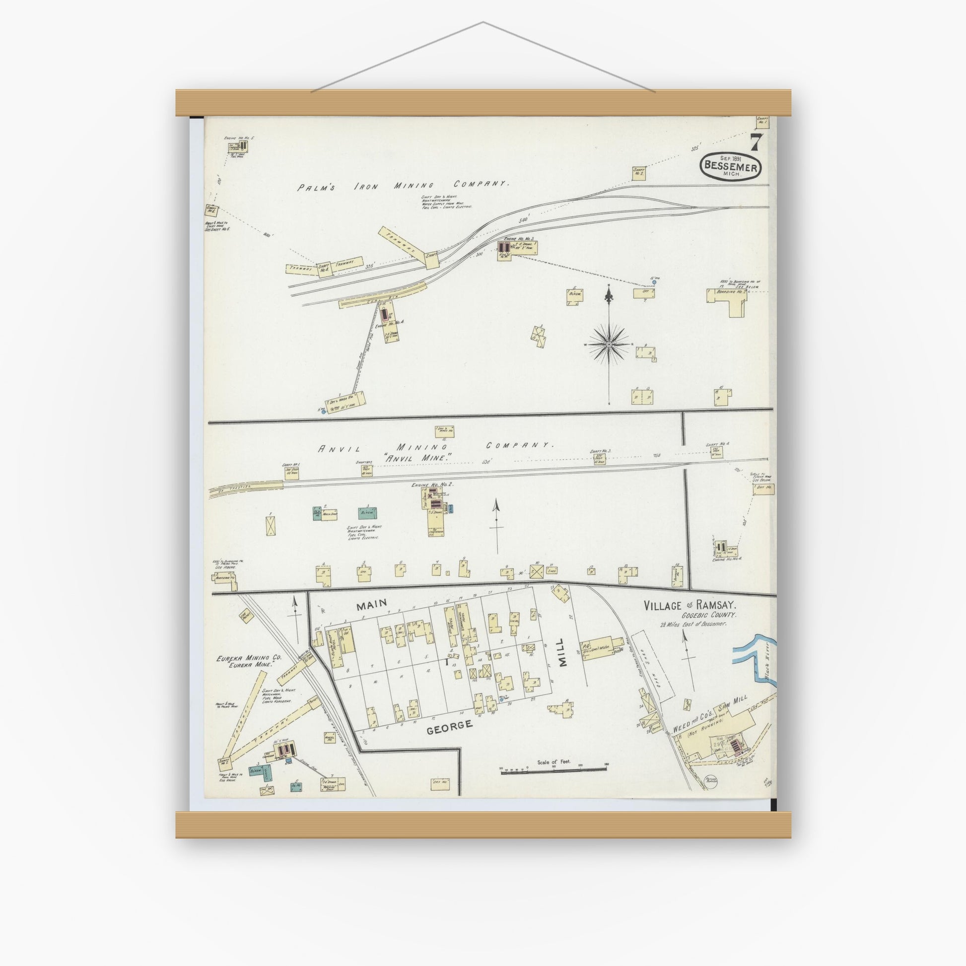 Old map wall art mockup — magnetic wood frame on white wall — Sanborn Fire Insurance Map from Bessemer, Gogebic County, Michigan (1891), Sheet #0007