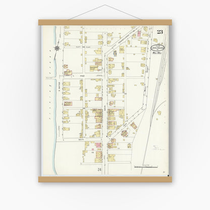 Old map wall art mockup — magnetic wood frame on white wall — Sanborn Fire Insurance Map from Lock Haven, Clinton County, Pennsylvania (1914), Sheet #0023