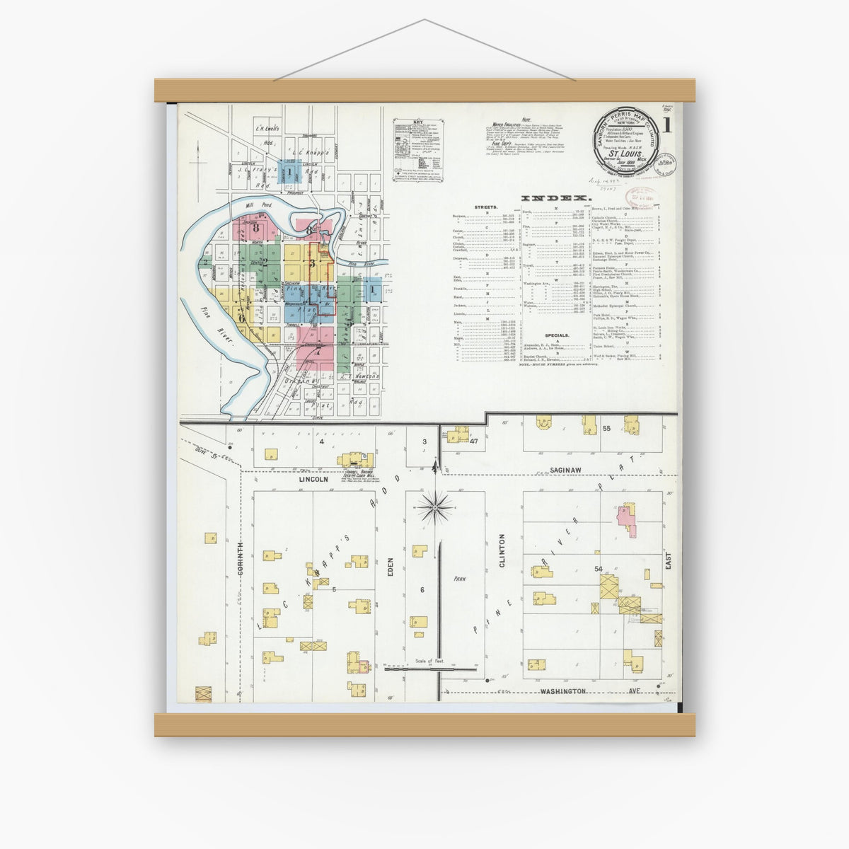 Old map wall art mockup — magnetic wood frame on white wall — Sanborn Fire Insurance Map from Saint Louis, Gratiot County, Michigan (1899), Sheet #0001