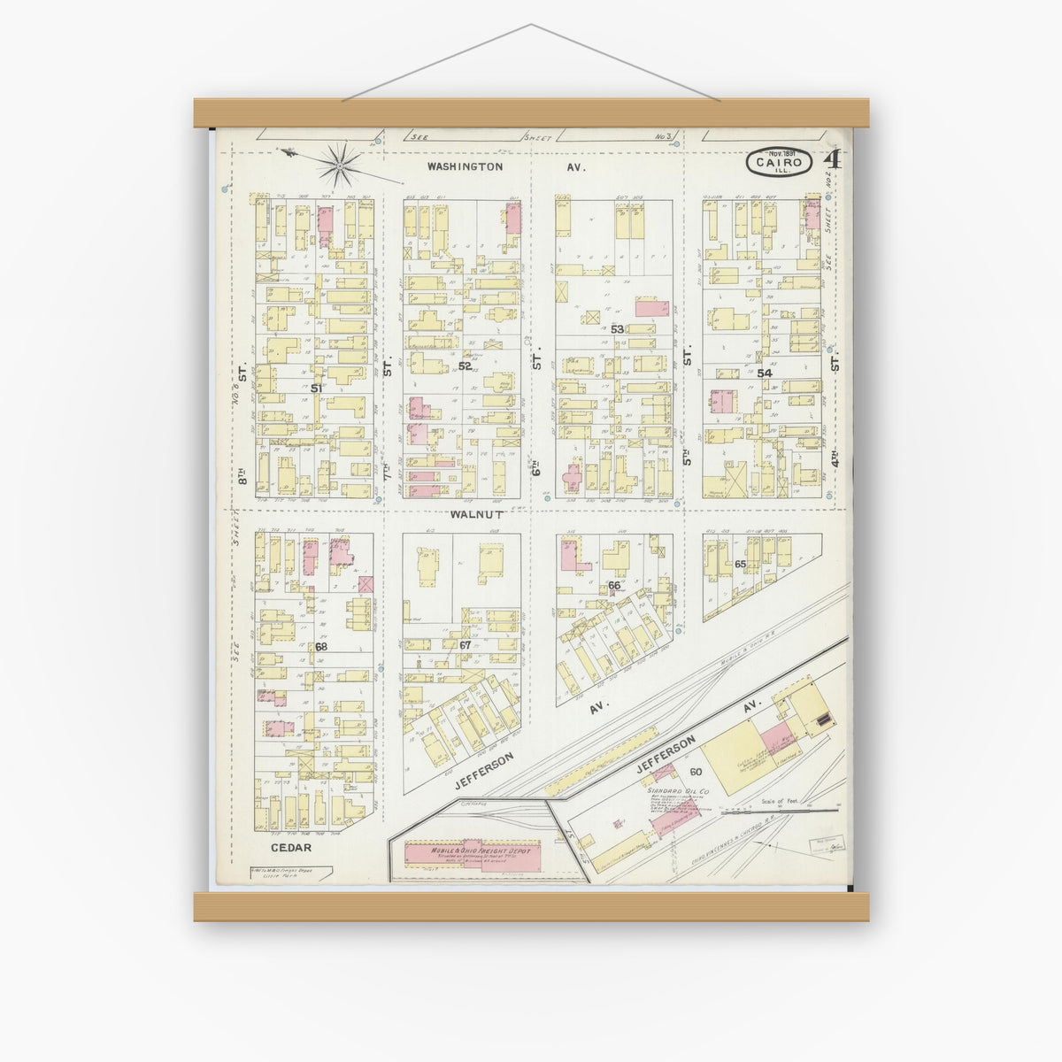 Old map wall art mockup — magnetic wood frame on white wall — Sanborn Fire Insurance Map from Cairo, Alexander County, Illinois (1891), Sheet #0004