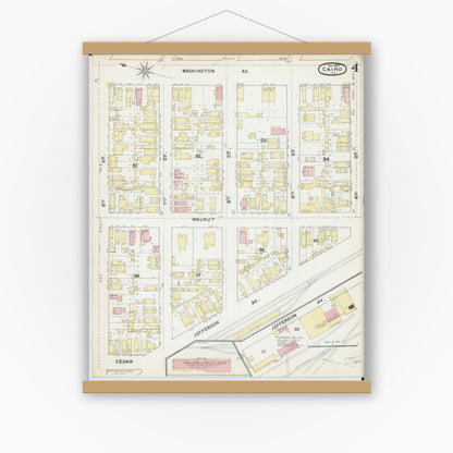 Old map wall art mockup — magnetic wood frame on white wall — Sanborn Fire Insurance Map from Cairo, Alexander County, Illinois (1891), Sheet #0004