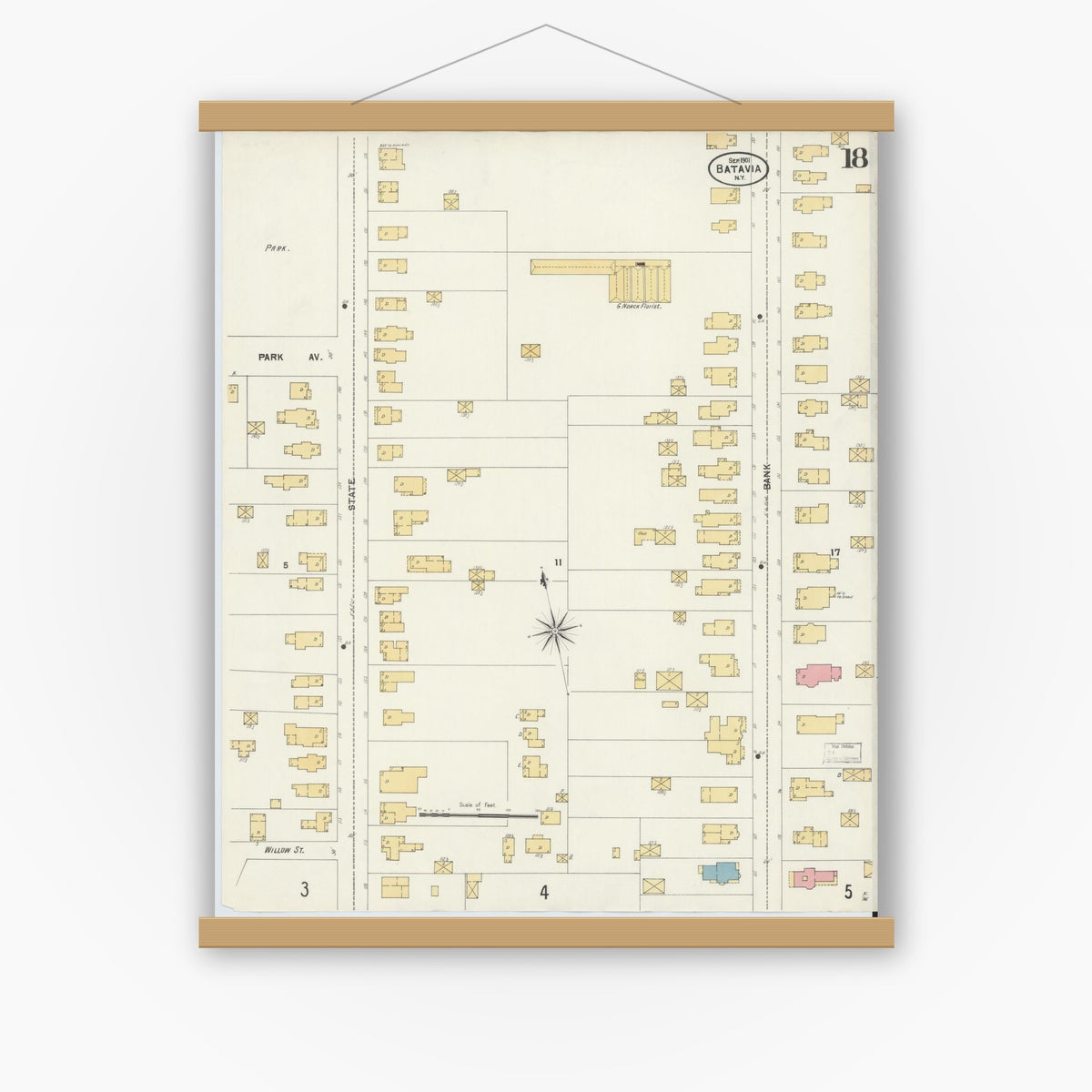 Old map wall art mockup — magnetic wood frame on white wall — Sanborn Fire Insurance Map from Batavia, Genesee County, New York (1901), Sheet #0018