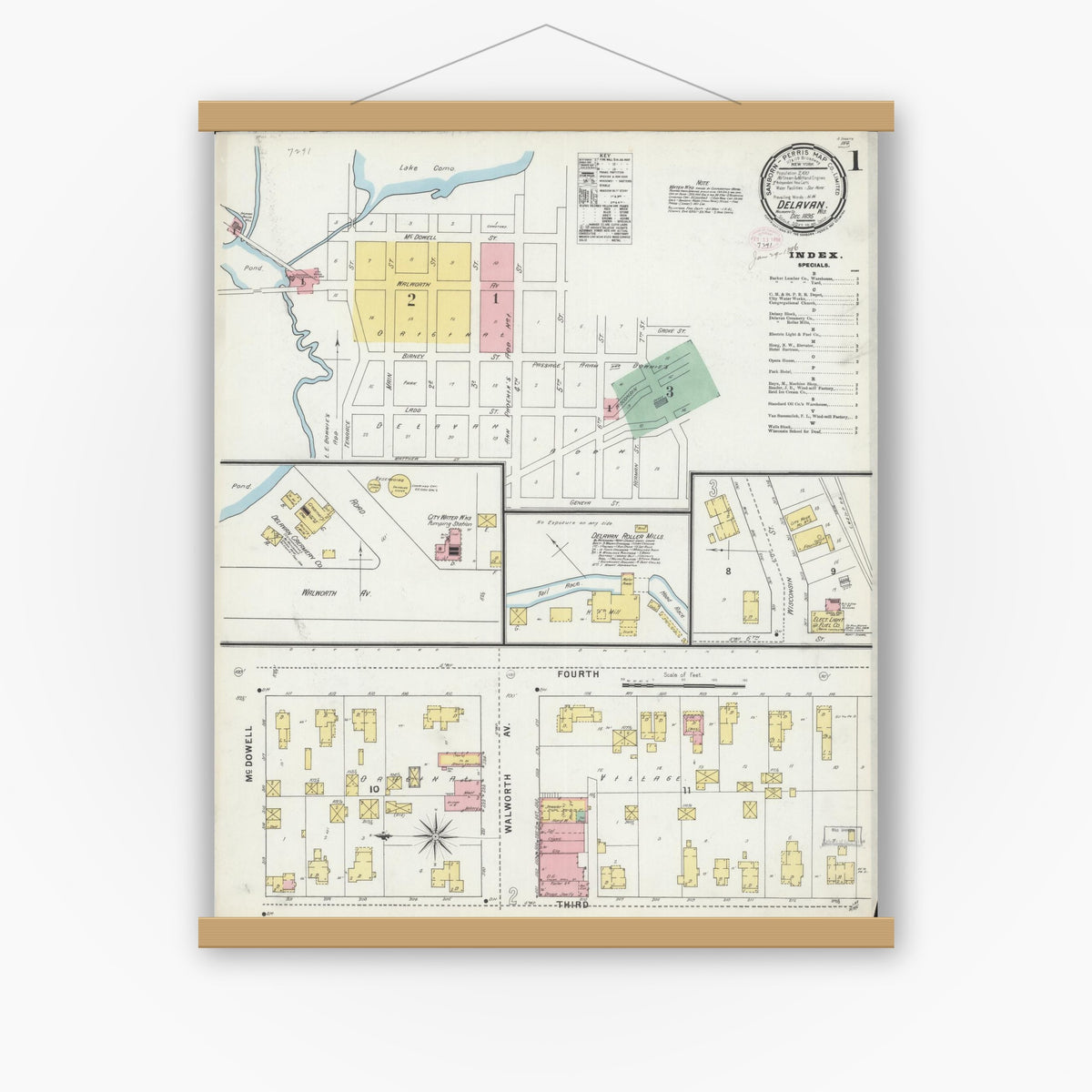 Old map wall art mockup — magnetic wood frame on white wall — Sanborn Fire Insurance Map from Delavan, Walworth County, Wisconsin (1895) - Complete Map Set