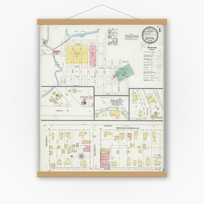 Old map wall art mockup — magnetic wood frame on white wall — Sanborn Fire Insurance Map from Delavan, Walworth County, Wisconsin (1895) - Complete Map Set