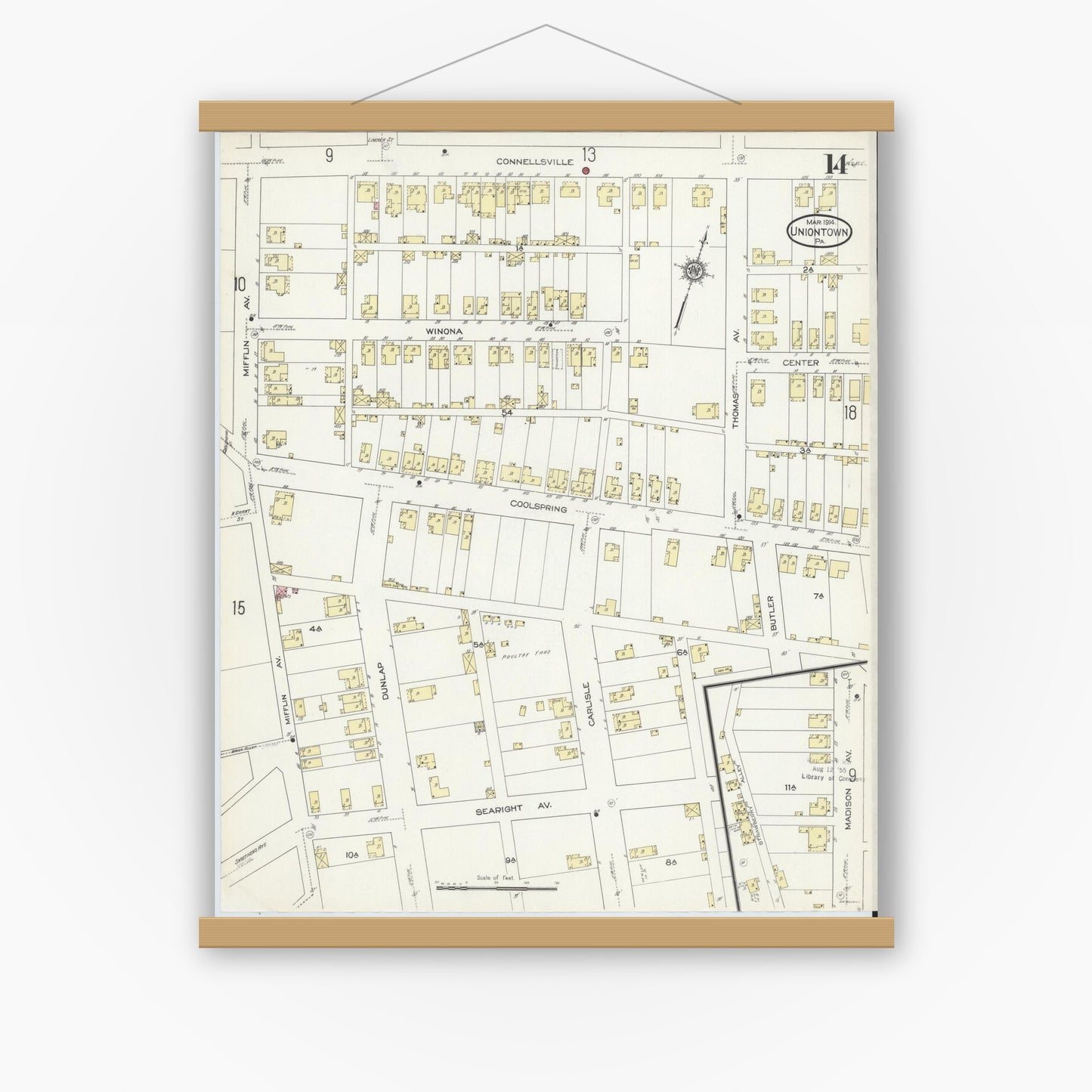 Old map wall art mockup — magnetic wood frame on white wall — Sanborn Fire Insurance Map from Uniontown, Fayette County, Pennsylvania (1914), Sheet #0014