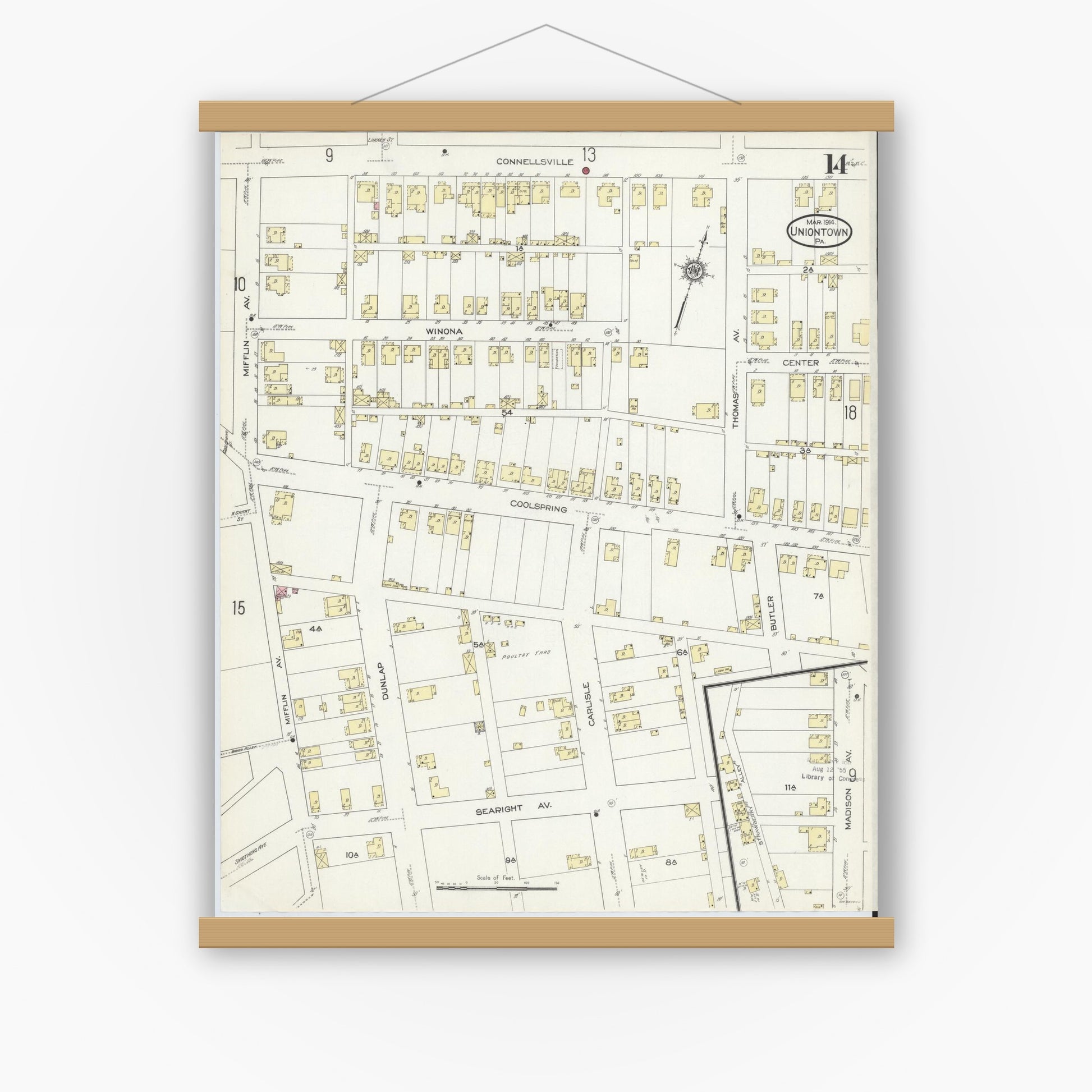 Old map wall art mockup — magnetic wood frame on white wall — Sanborn Fire Insurance Map from Uniontown, Fayette County, Pennsylvania (1914), Sheet #0014