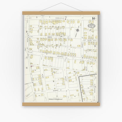 Old map wall art mockup — magnetic wood frame on white wall — Sanborn Fire Insurance Map from Uniontown, Fayette County, Pennsylvania (1914), Sheet #0014