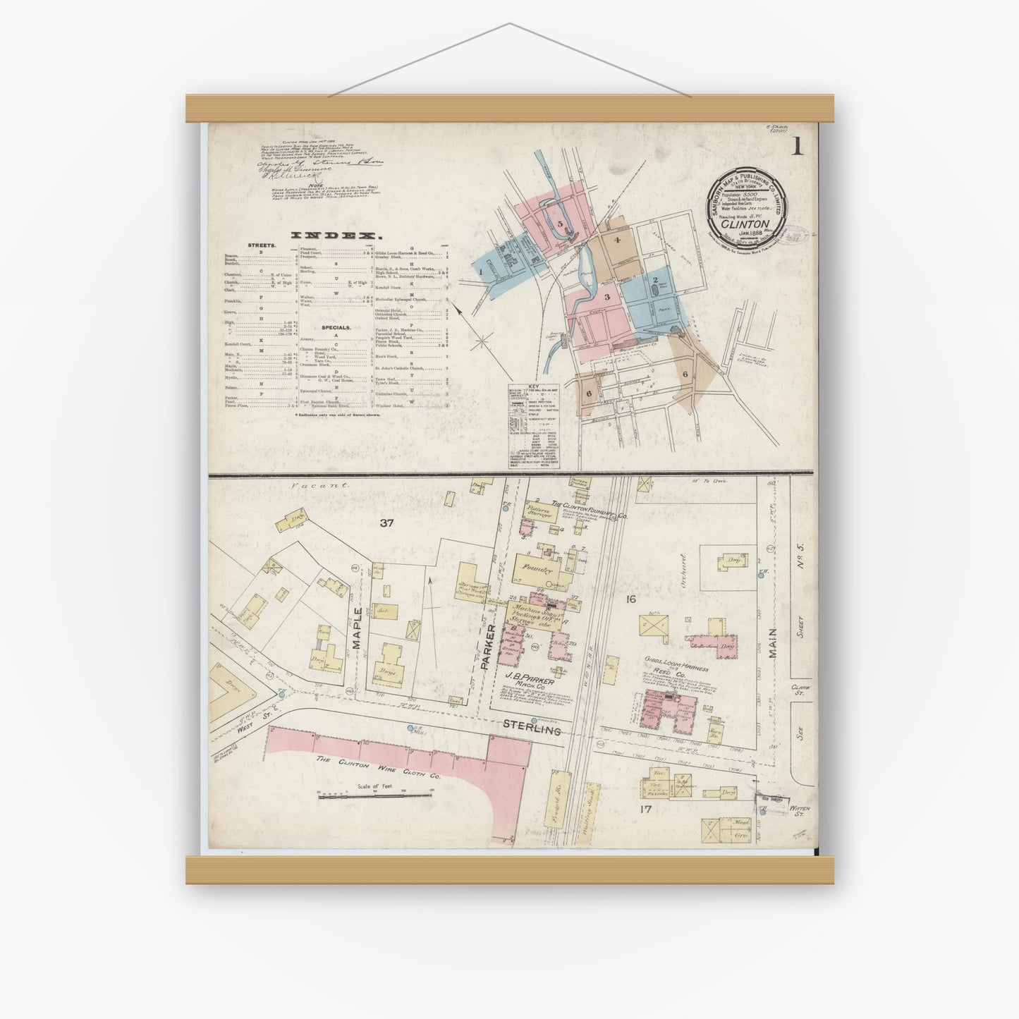 Old map wall art mockup — magnetic wood frame on white wall — Sanborn Fire Insurance Map from Clinton, Worcester County, Massachusetts (1888) - Complete Map Set
