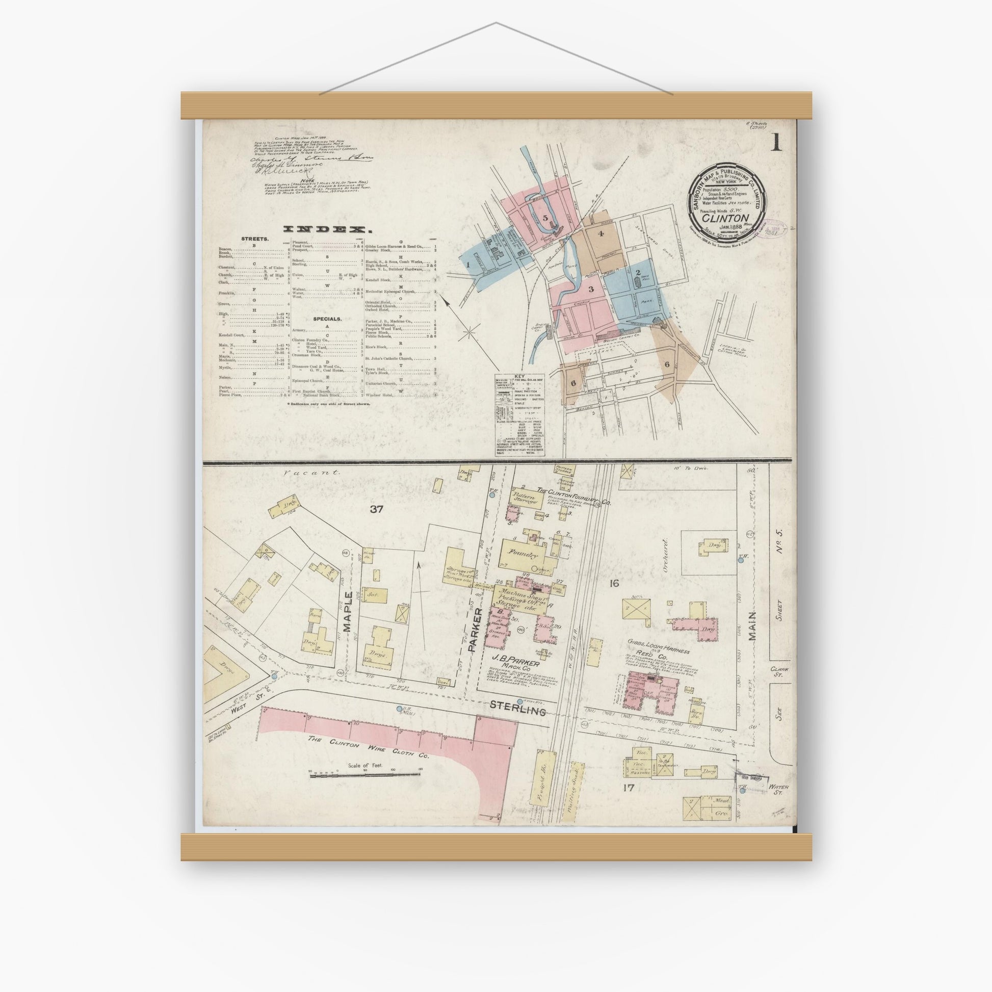 Old map wall art mockup — magnetic wood frame on white wall — Sanborn Fire Insurance Map from Clinton, Worcester County, Massachusetts (1888) - Complete Map Set