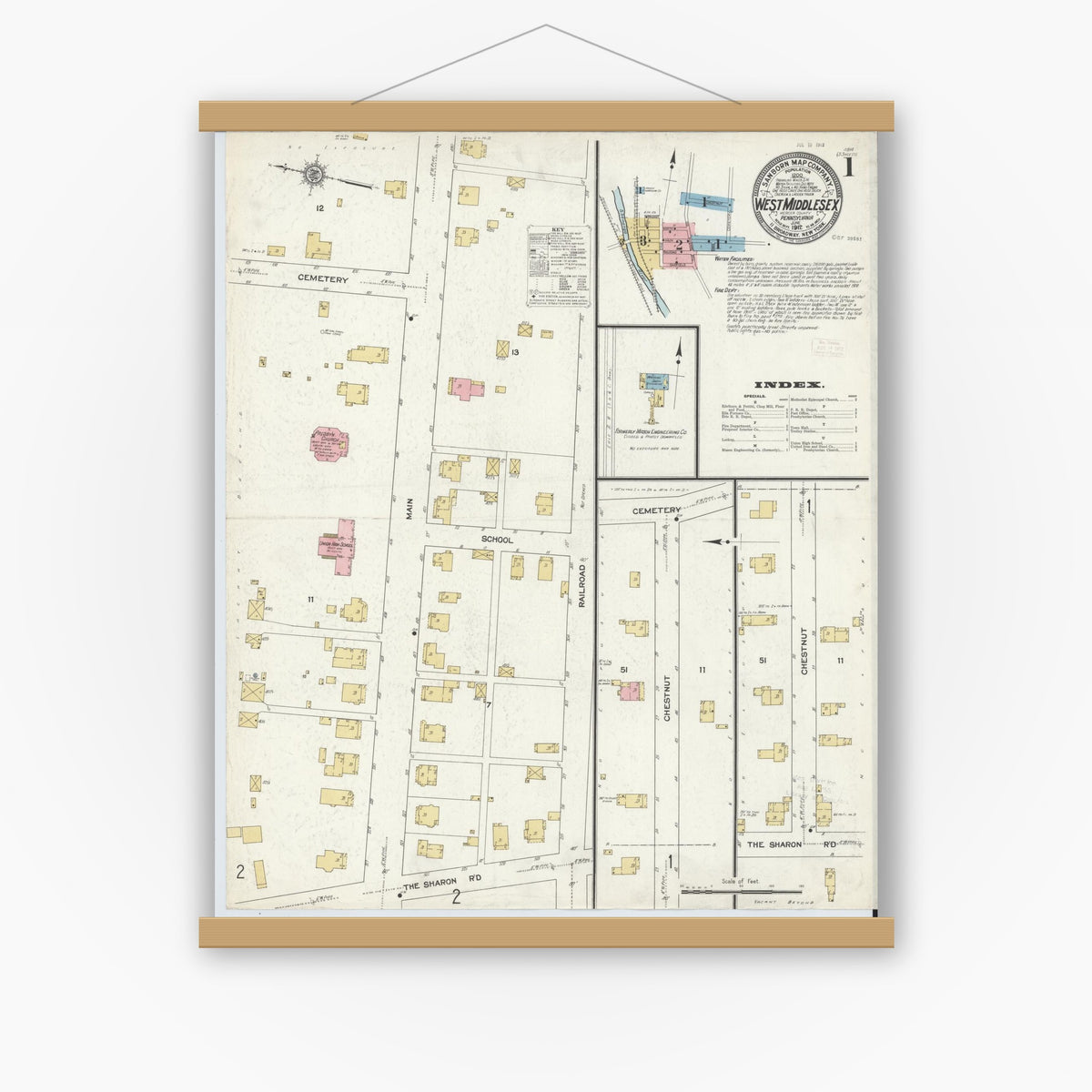 Old map wall art mockup — magnetic wood frame on white wall — Sanborn Fire Insurance Map from West Middlesex, Mercer County, Pennsylvania (1912), Sheet #0001