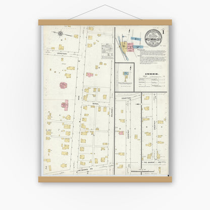 Old map wall art mockup — magnetic wood frame on white wall — Sanborn Fire Insurance Map from West Middlesex, Mercer County, Pennsylvania (1912), Sheet #0001