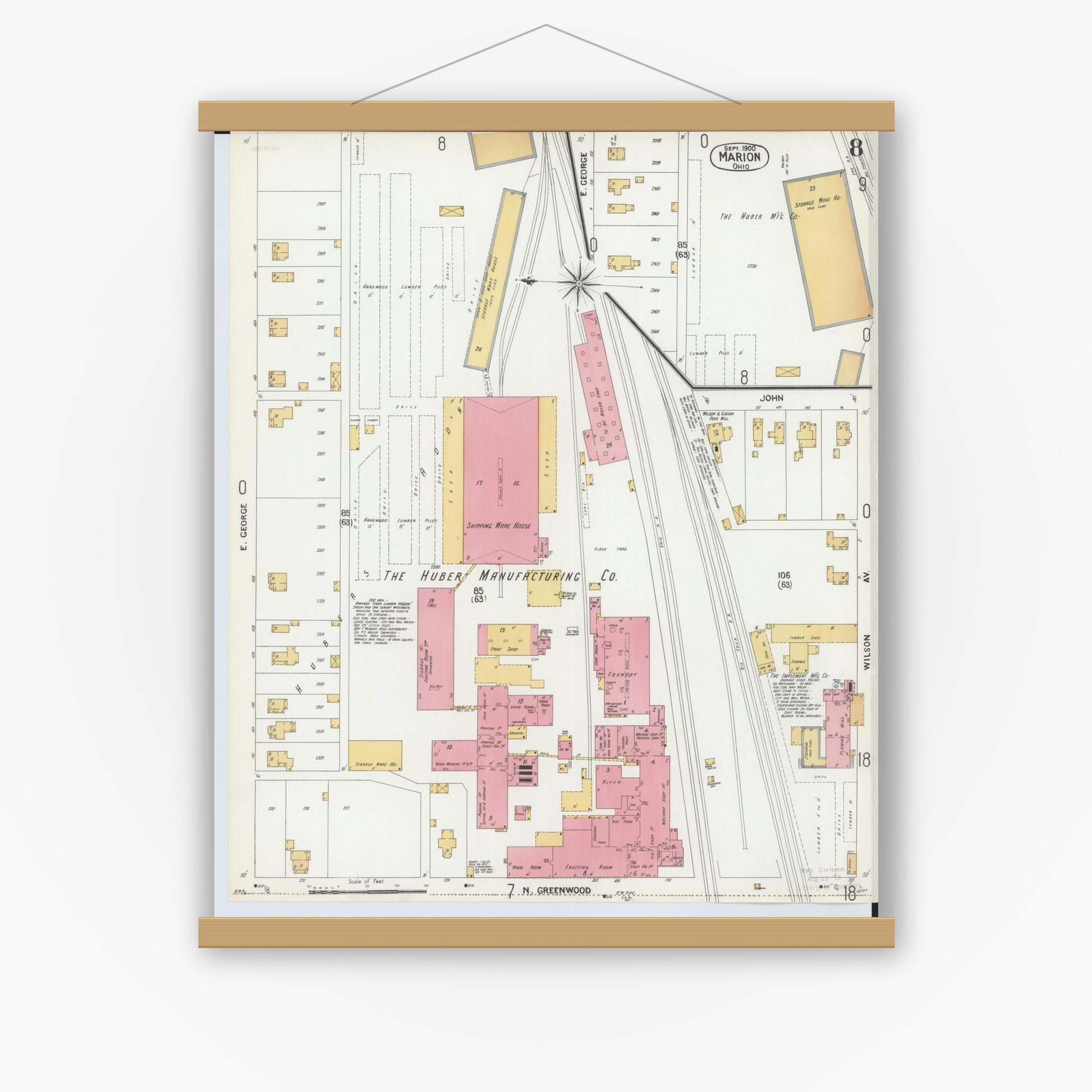 Old map wall art mockup — magnetic wood frame on white wall — Sanborn Fire Insurance Map from Marion, Marion County, Ohio (1900), Sheet #0008