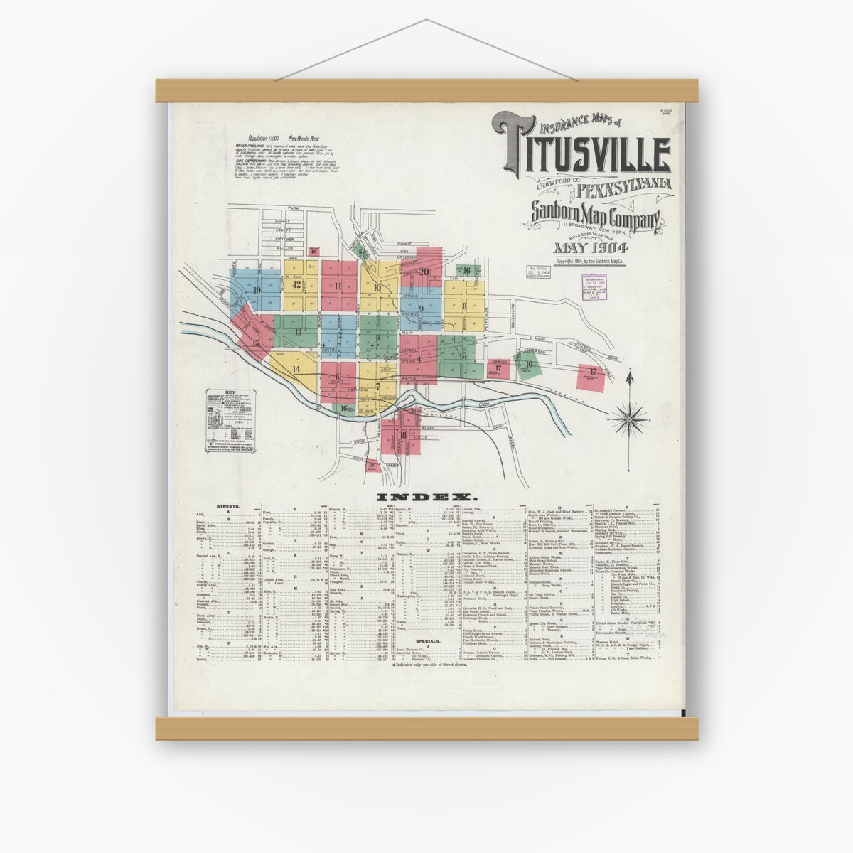 Old map wall art mockup — magnetic wood frame on white wall — Sanborn Fire Insurance Map from Titusville, Crawford County, Pennsylvania (1904), Sheet #0001