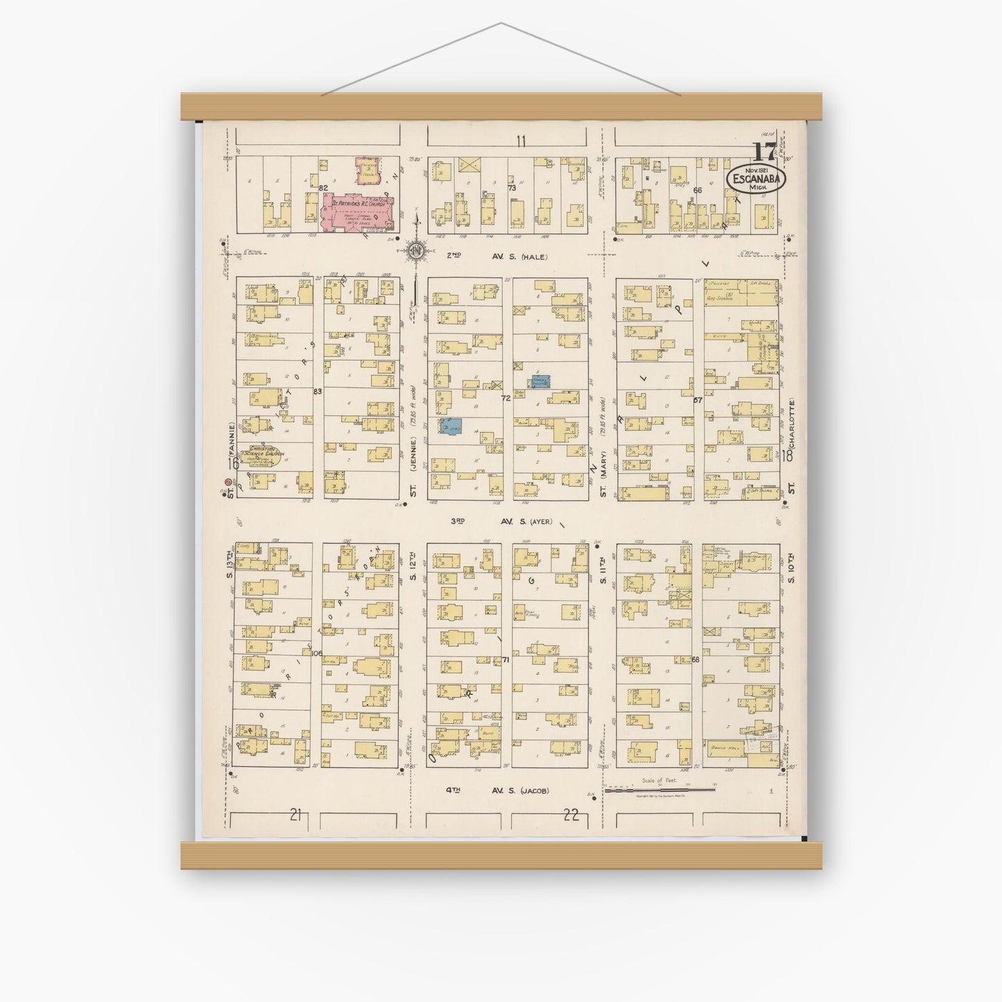 Old map wall art mockup — magnetic wood frame on white wall — Sanborn Fire Insurance Map from Escanaba, Delta County, Michigan (1921), Sheet #0017