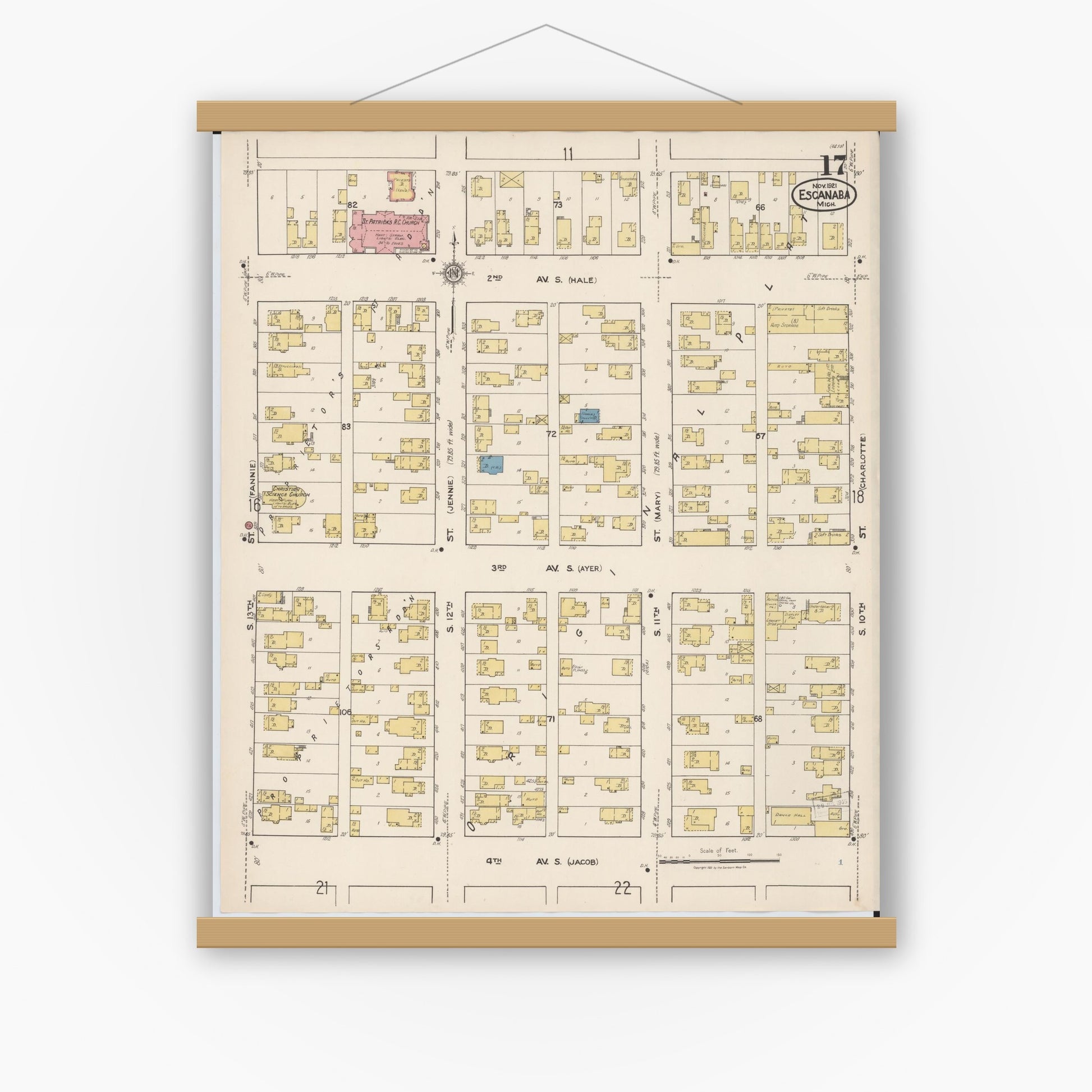 Old map wall art mockup — magnetic wood frame on white wall — Sanborn Fire Insurance Map from Escanaba, Delta County, Michigan (1921), Sheet #0017