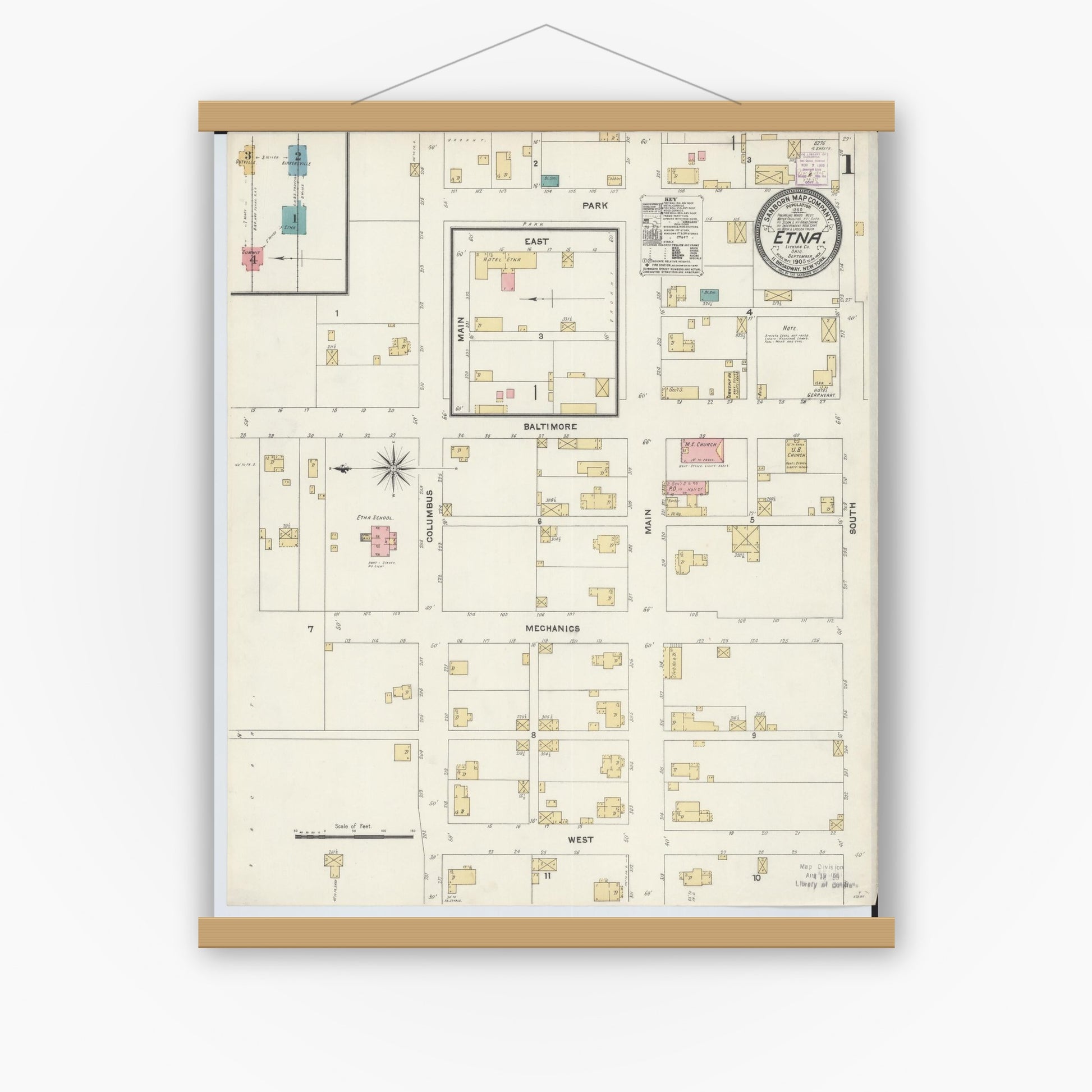 Old map wall art mockup — magnetic wood frame on white wall — Sanborn Fire Insurance Map from Etna, Luking County, Ohio (1905) - Complete Map Set