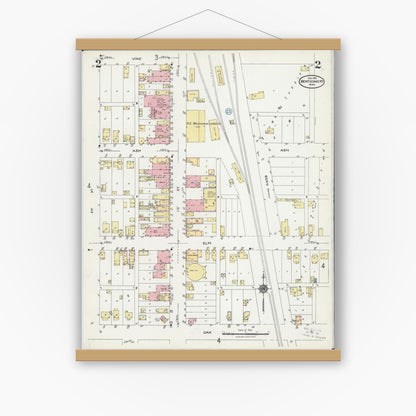 Old map wall art mockup — magnetic wood frame on white wall — Sanborn Fire Insurance Map from Montgomery, Le Sueur County, Minnesota (1924), Sheet #0002