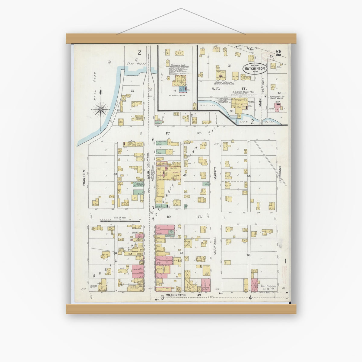 Old map wall art mockup — magnetic wood frame on white wall — Sanborn Fire Insurance Map from Hutchinson, Mcleod County, Minnesota (1899), Sheet #0002