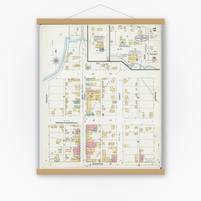 Old map wall art mockup — magnetic wood frame on white wall — Sanborn Fire Insurance Map from Hutchinson, Mcleod County, Minnesota (1899), Sheet #0002