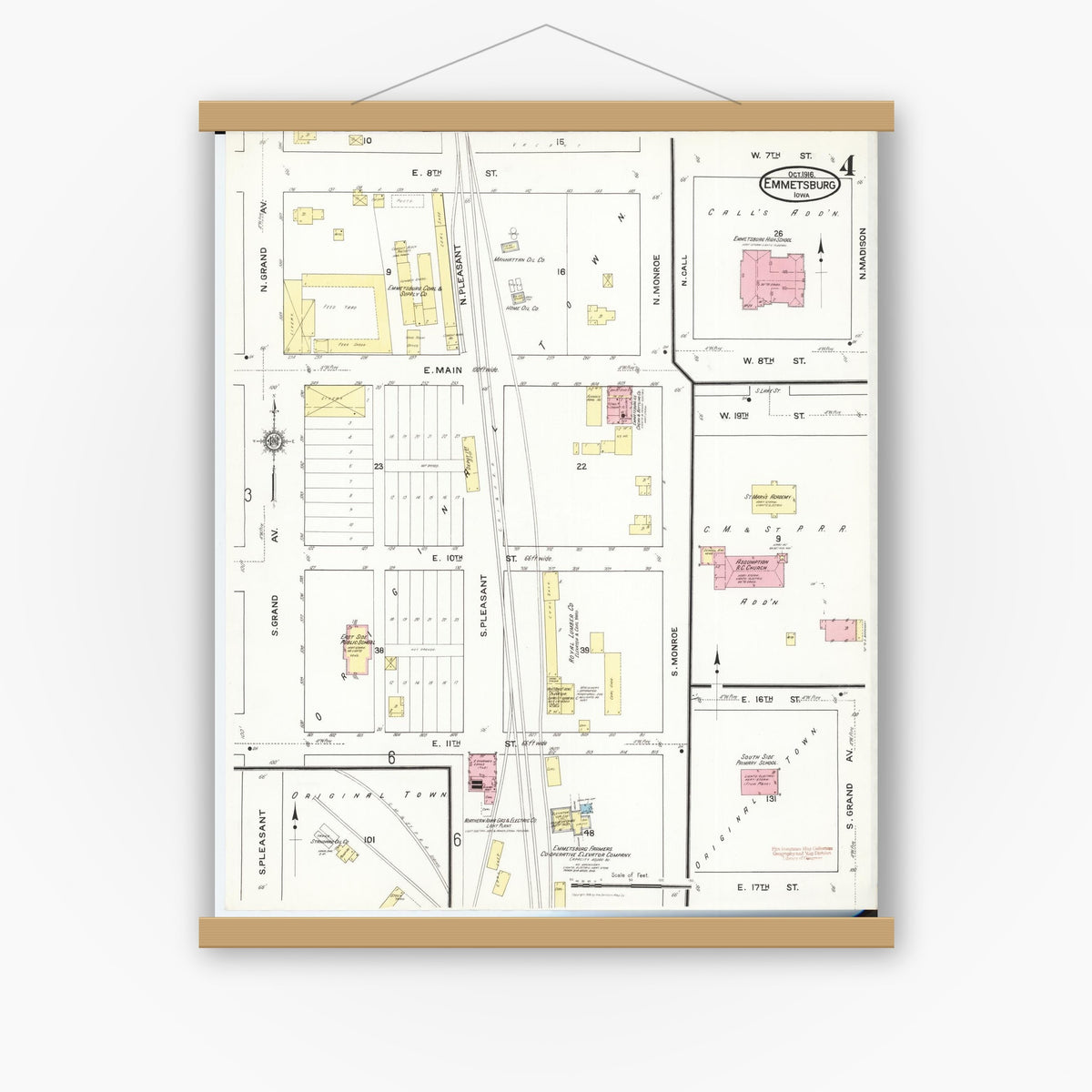 Old map wall art mockup — magnetic wood frame on white wall — Sanborn Fire Insurance Map from Emmetsburg, Palo Alto County, Iowa (1916), Sheet #0004