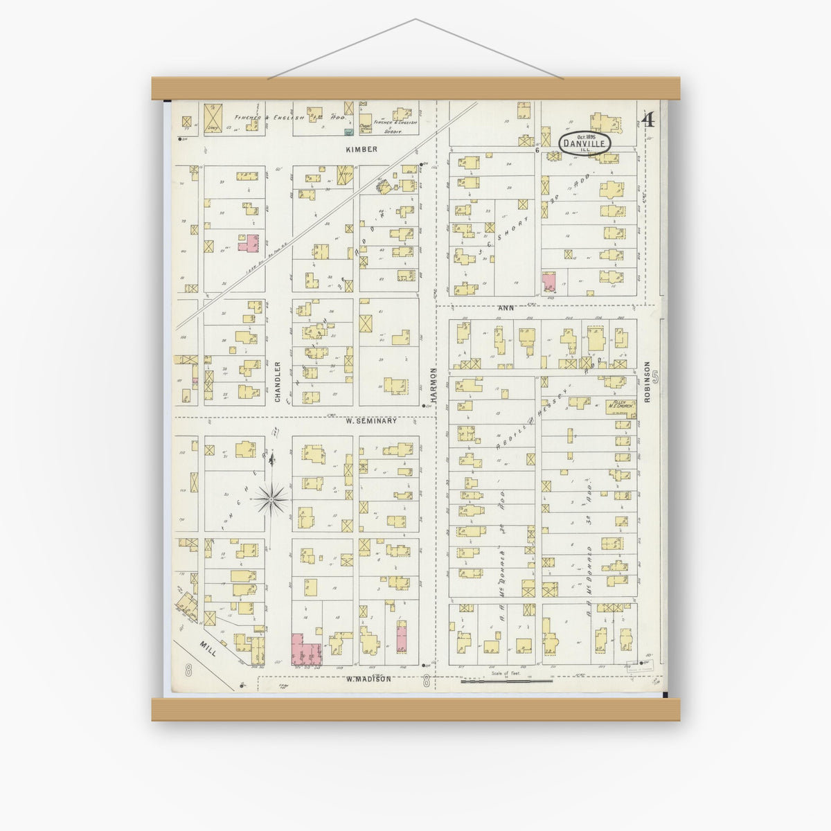 Old map wall art mockup — magnetic wood frame on white wall — Sanborn Fire Insurance Map from Danville, Vermilion County, Illinois (1895), Sheet #0004