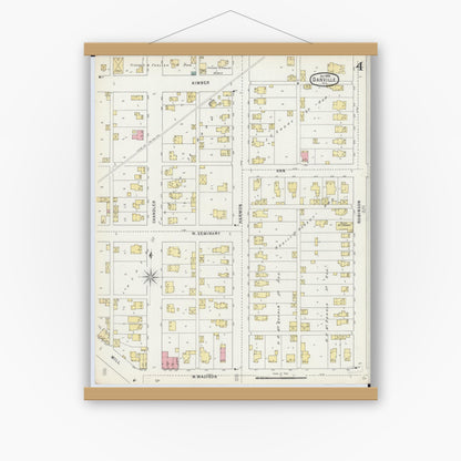 Old map wall art mockup — magnetic wood frame on white wall — Sanborn Fire Insurance Map from Danville, Vermilion County, Illinois (1895), Sheet #0004
