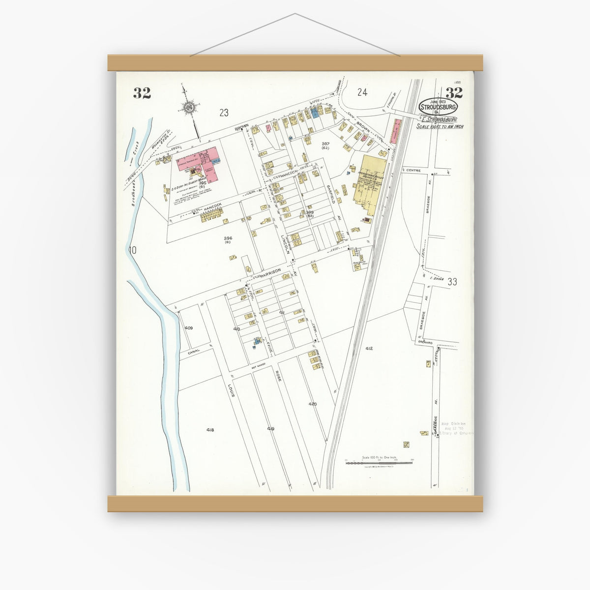 Old map wall art mockup — magnetic wood frame on white wall — Sanborn Fire Insurance Map from Stroudsburg, Monroe County, Pennsylvania (1923), Sheet #0032