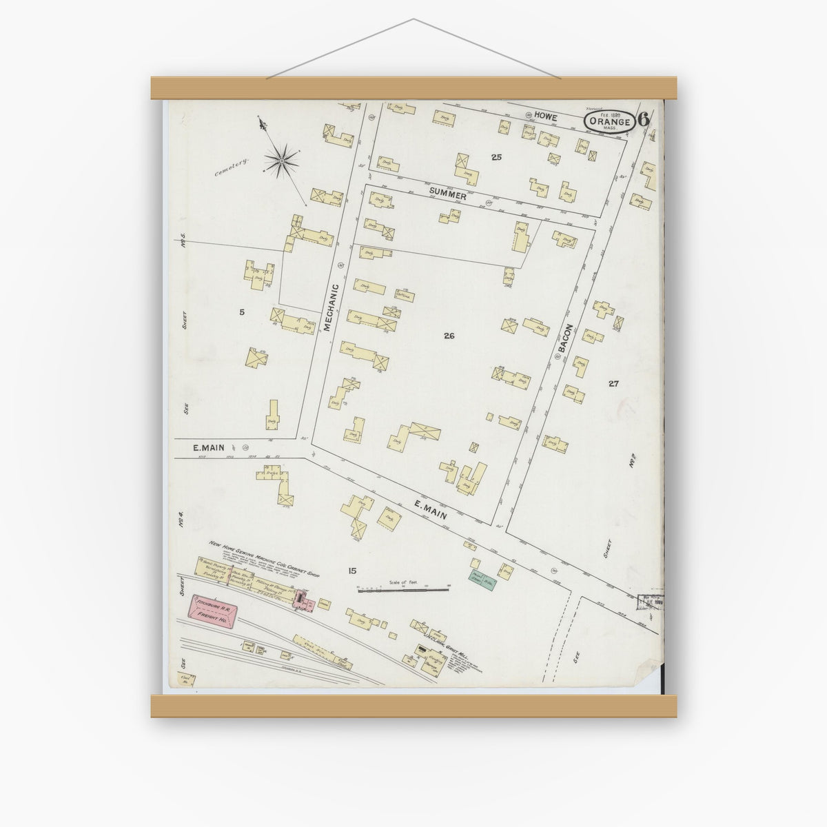 Old map wall art mockup — magnetic wood frame on white wall — Sanborn Fire Insurance Map from Orange, Franklin County, Massachusetts (1889), Sheet #0006