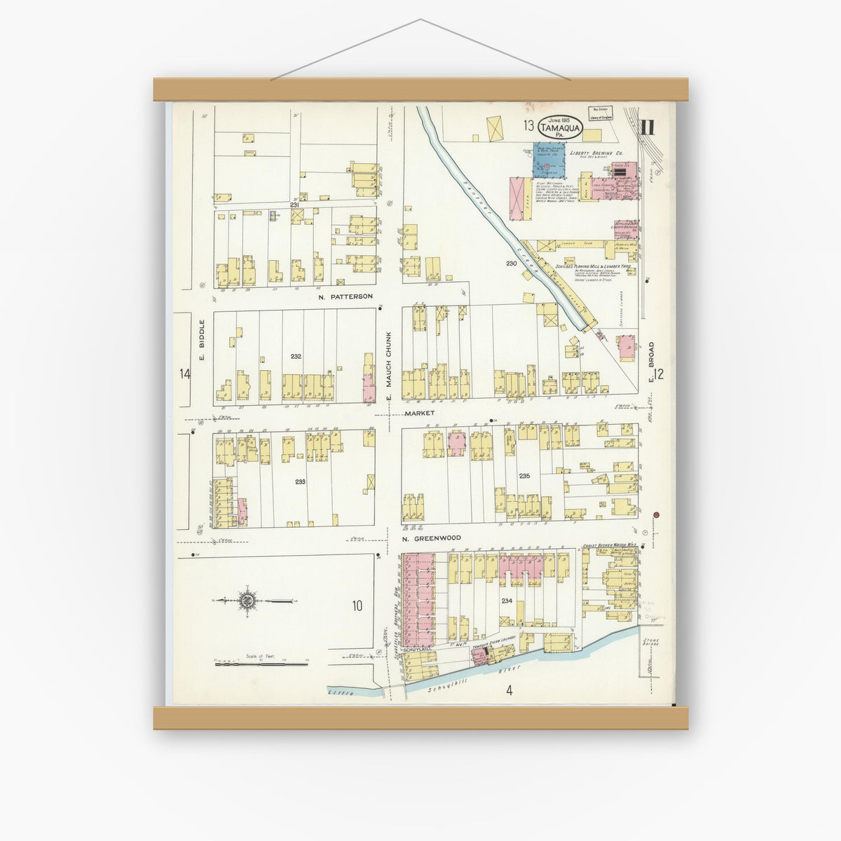 Old map wall art mockup — magnetic wood frame on white wall — Sanborn Fire Insurance Map from Tamaqua, Schuylkill County, Pennsylvania (1915), Sheet #0011