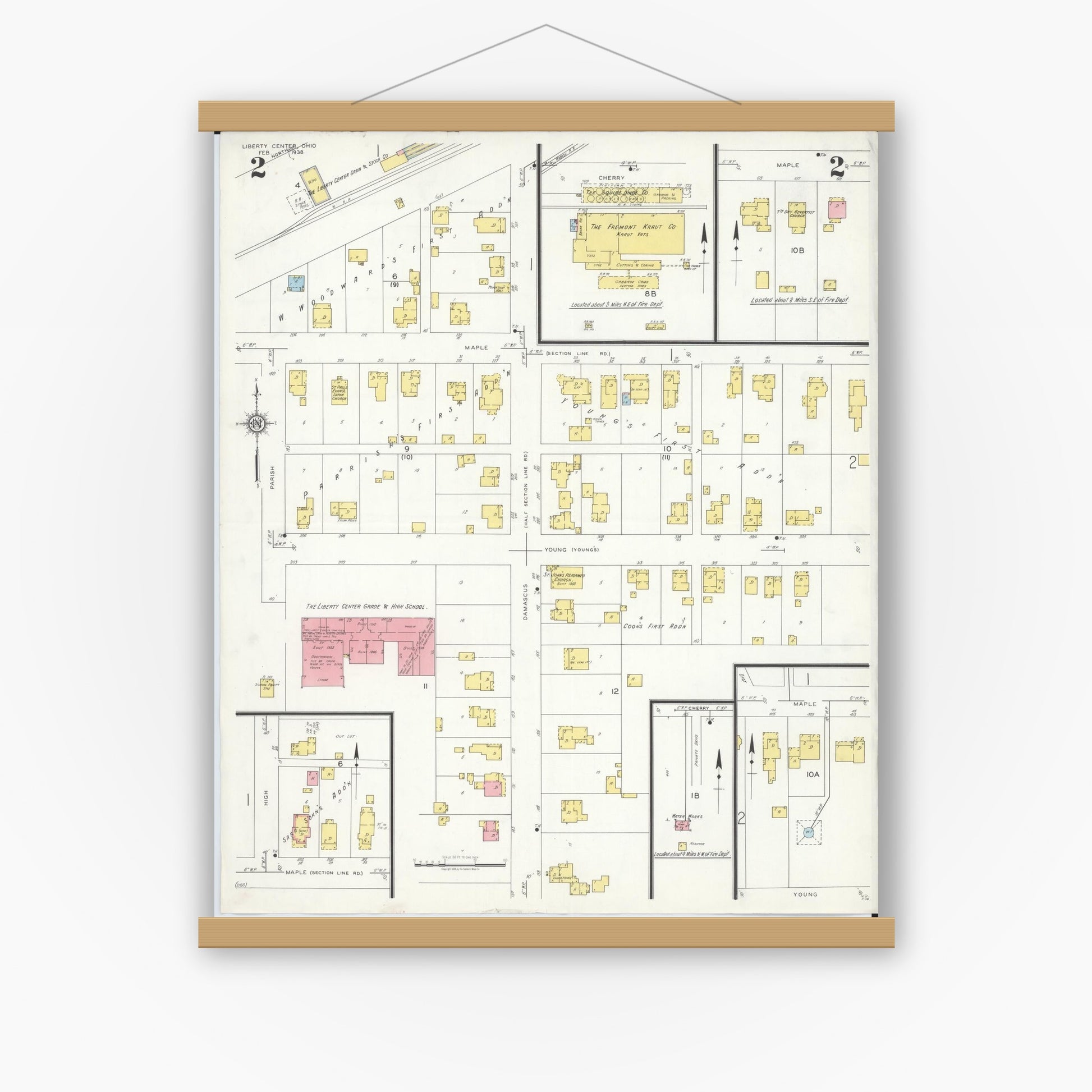 Old map wall art mockup — magnetic wood frame on white wall — Sanborn Fire Insurance Map from Liberty Center, Henry County, Ohio (1938), Sheet #0002