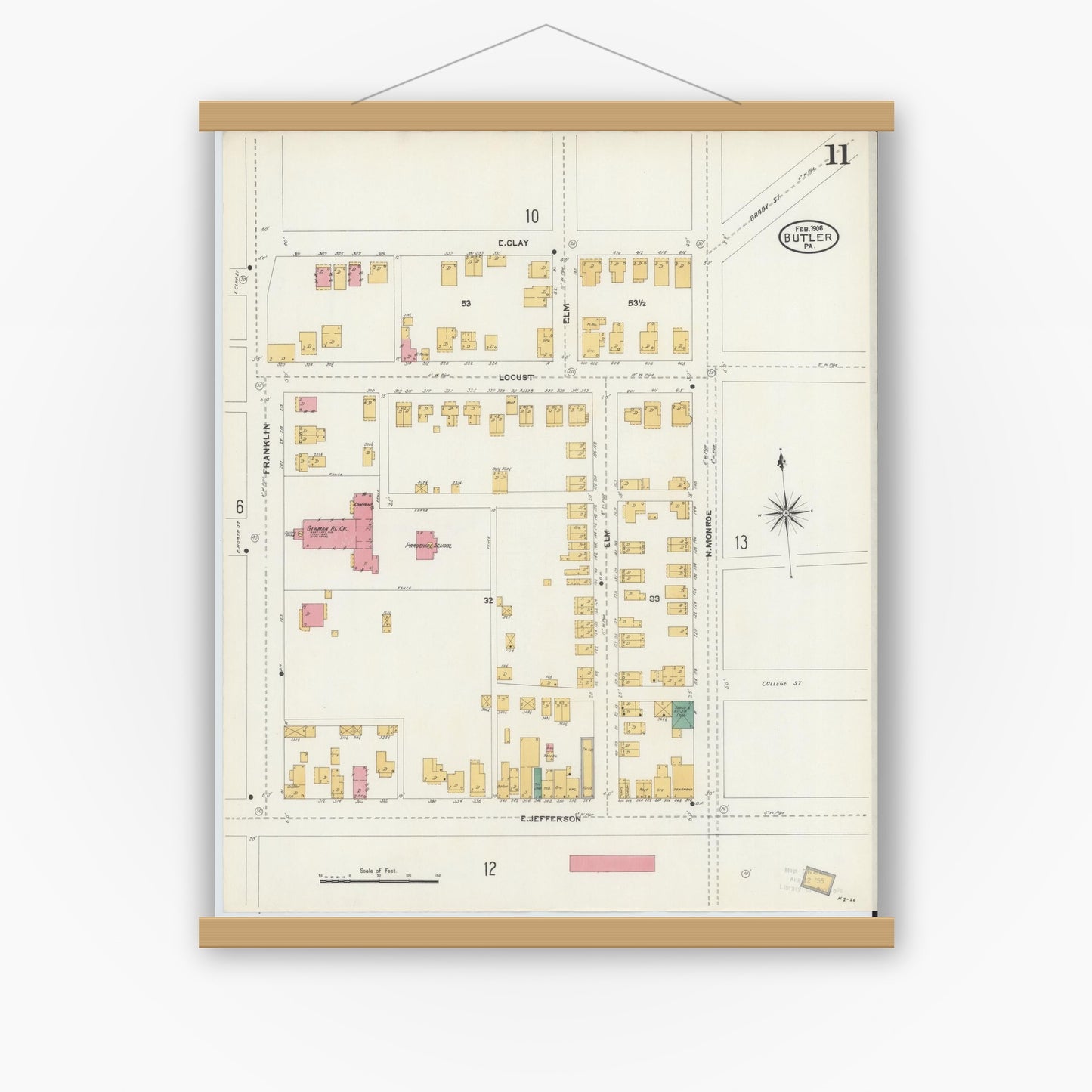 Old map wall art mockup — magnetic wood frame on white wall — Sanborn Fire Insurance Map from Butler, Butler County, Pennsylvania (1906), Sheet #0011