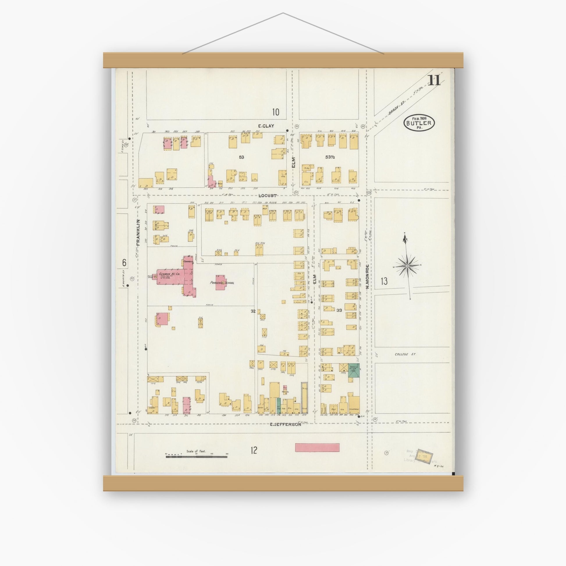 Old map wall art mockup — magnetic wood frame on white wall — Sanborn Fire Insurance Map from Butler, Butler County, Pennsylvania (1906), Sheet #0011