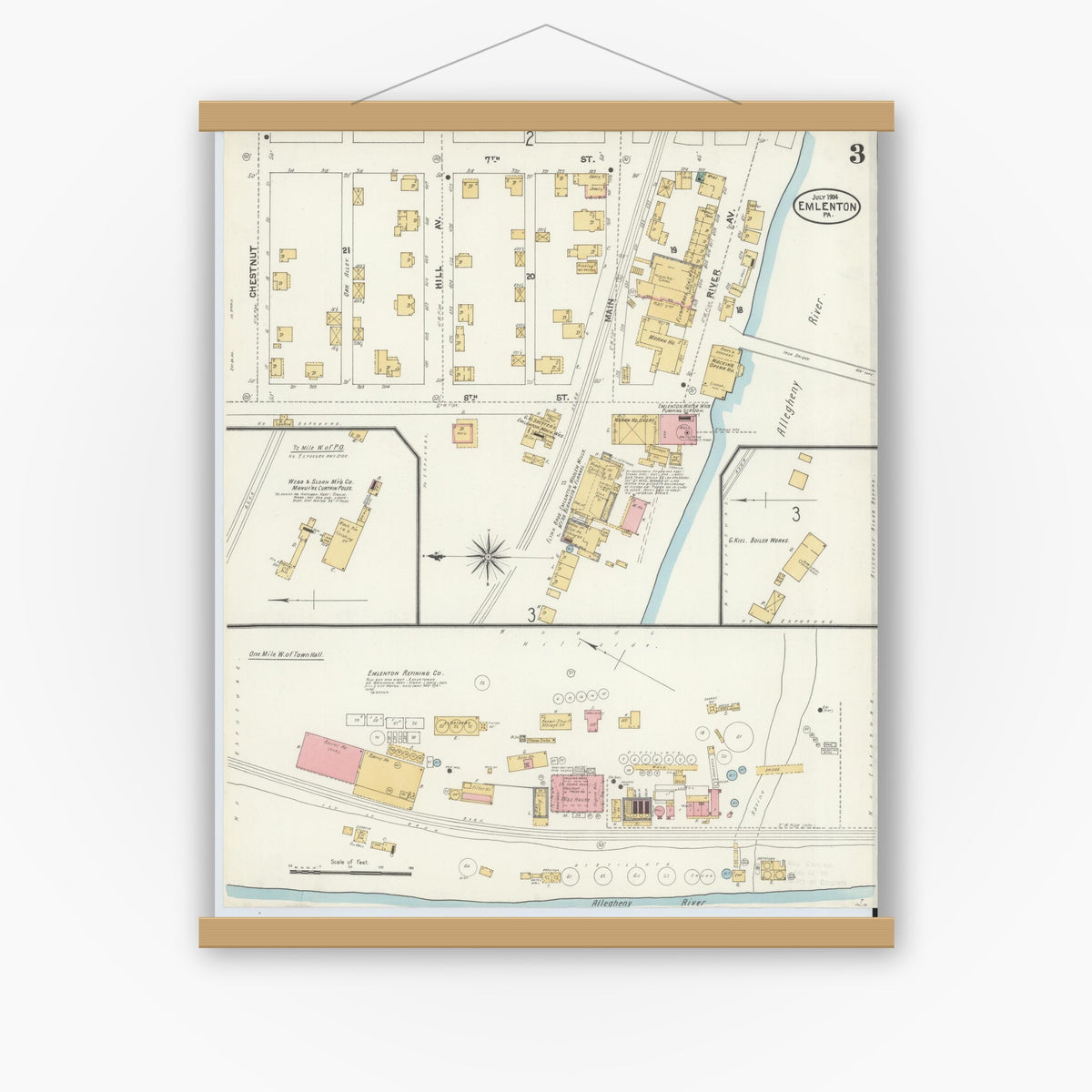 Old map wall art mockup — magnetic wood frame on white wall — Sanborn Fire Insurance Map from Emlenton, Venango County, Pennsylvania (1904), Sheet #0003