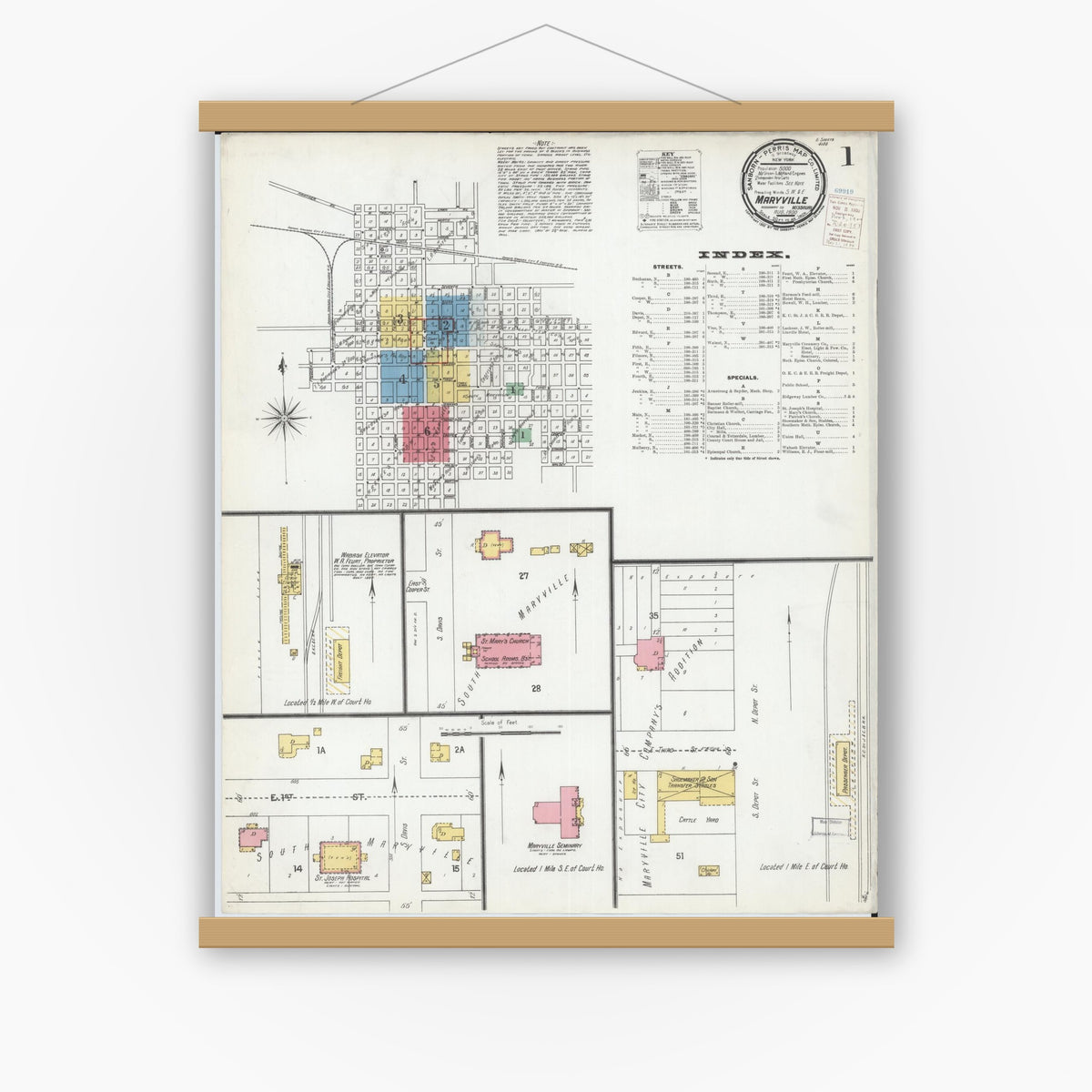 Old map wall art mockup — magnetic wood frame on white wall — Sanborn Fire Insurance Map from Maryville, Nodaway County, Missouri (1900) - Complete Map Set
