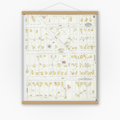 Old map wall art mockup — magnetic wood frame on white wall — Sanborn Fire Insurance Map from Bluffton, Allen County, Ohio (1901), Sheet #0005