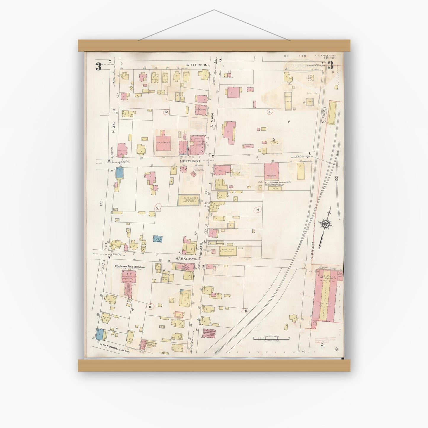 Old map wall art mockup — magnetic wood frame on white wall — Sanborn Fire Insurance Map from Sainte Genevieve, Saint Genevieve County, Missouri (1945), Sheet #0003