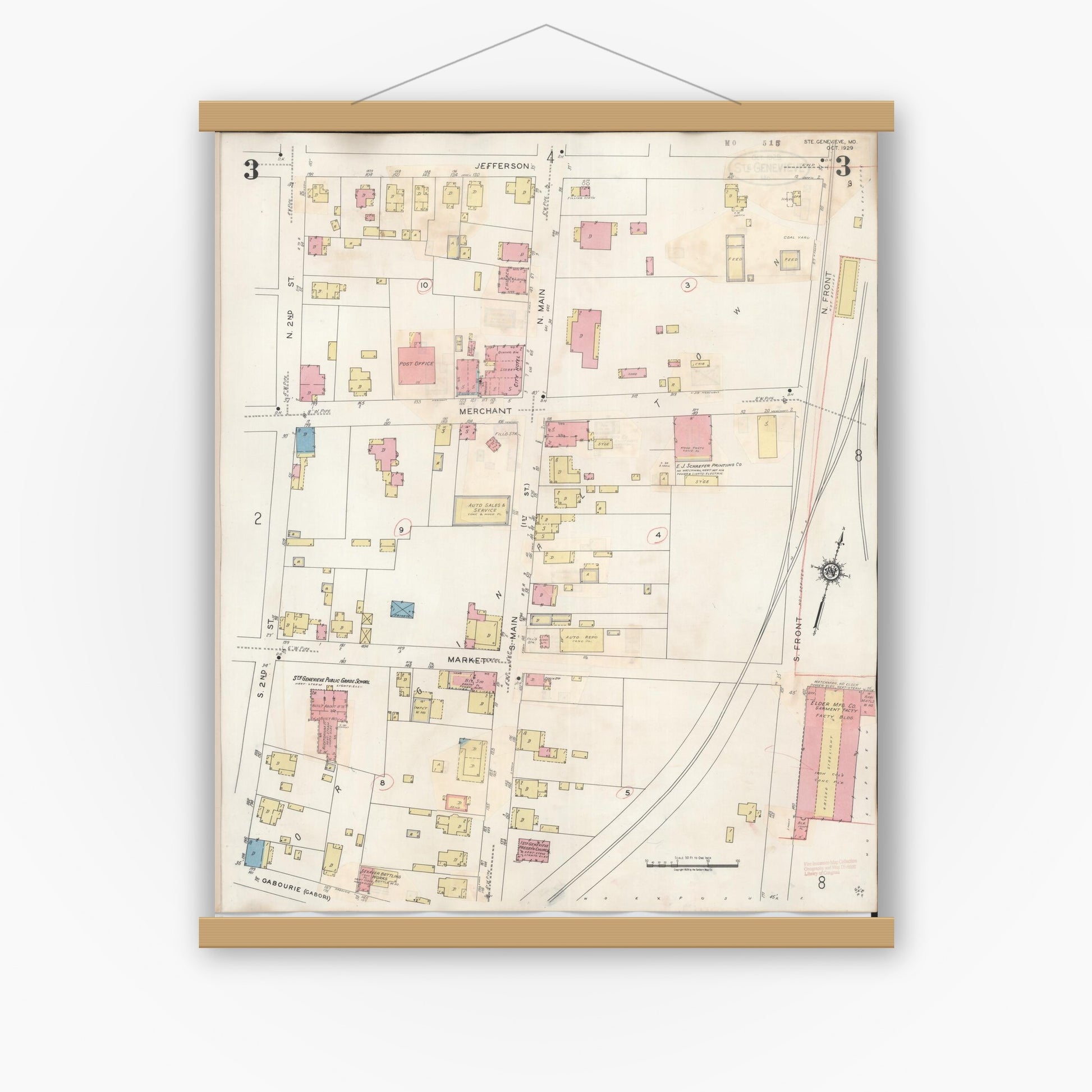 Old map wall art mockup — magnetic wood frame on white wall — Sanborn Fire Insurance Map from Sainte Genevieve, Saint Genevieve County, Missouri (1945), Sheet #0003