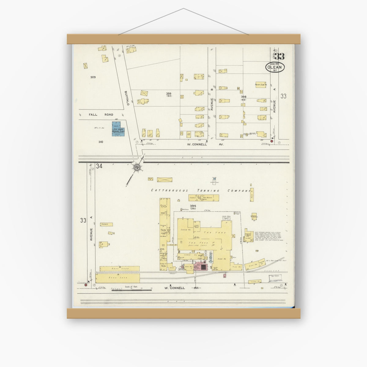 Old map wall art mockup — magnetic wood frame on white wall — Sanborn Fire Insurance Map from Olean, Cattaraugus County, New York (1915), Sheet #0033