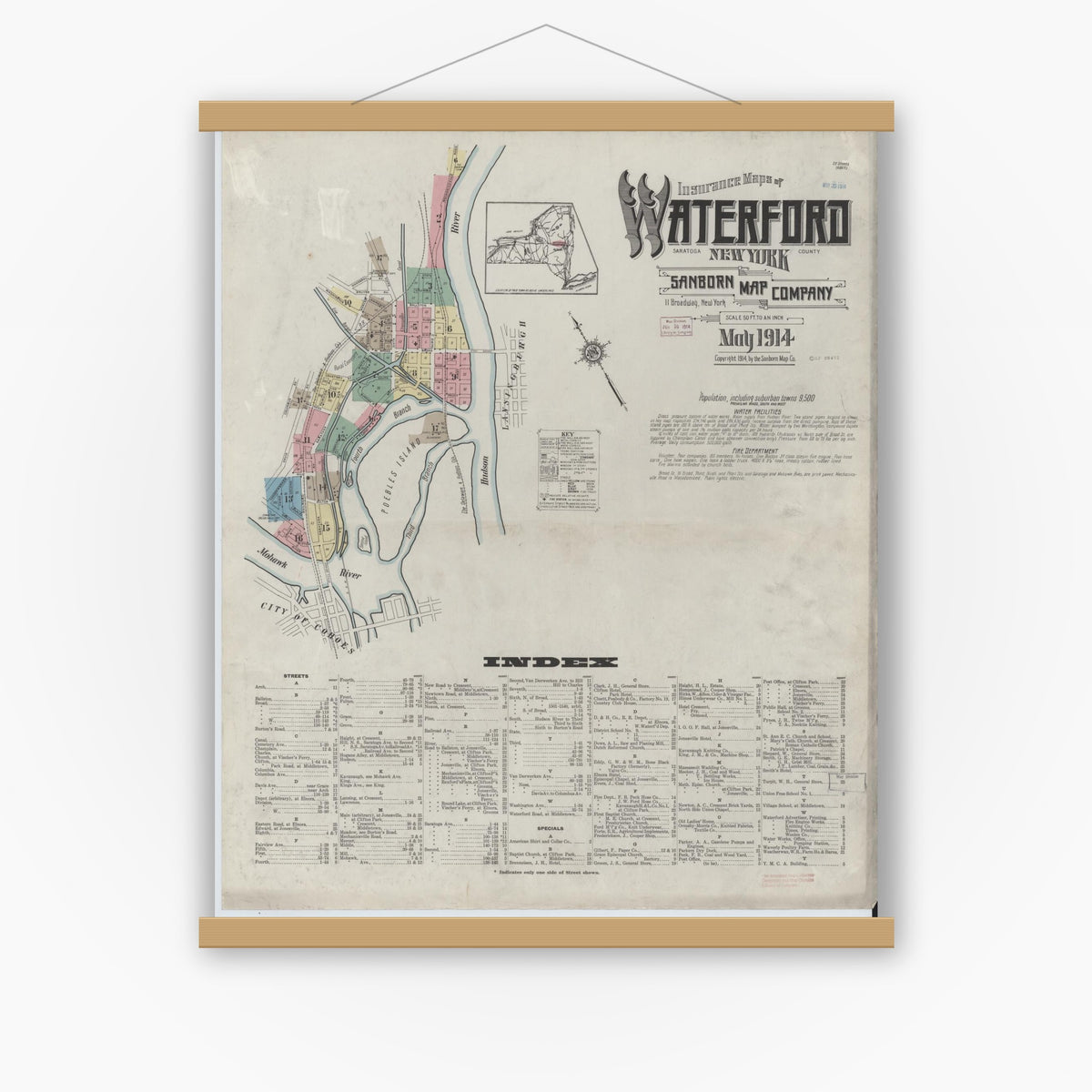 Old map wall art mockup — magnetic wood frame on white wall — Sanborn Fire Insurance Map from Waterford, Saratoga County, New York (1914) - Complete Map Set