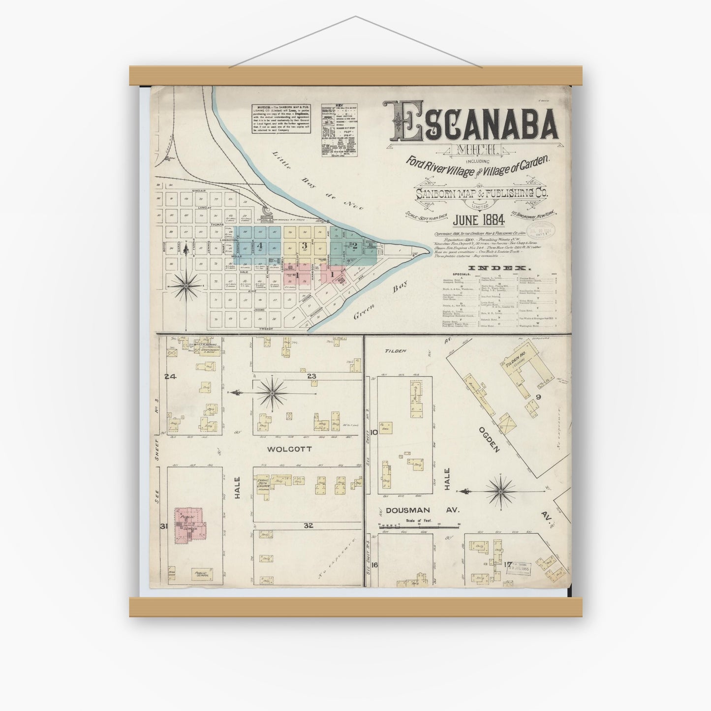 Old map wall art mockup — magnetic wood frame on white wall — Sanborn Fire Insurance Map from Escanaba, Delta County, Michigan (1884) - Complete Map Set