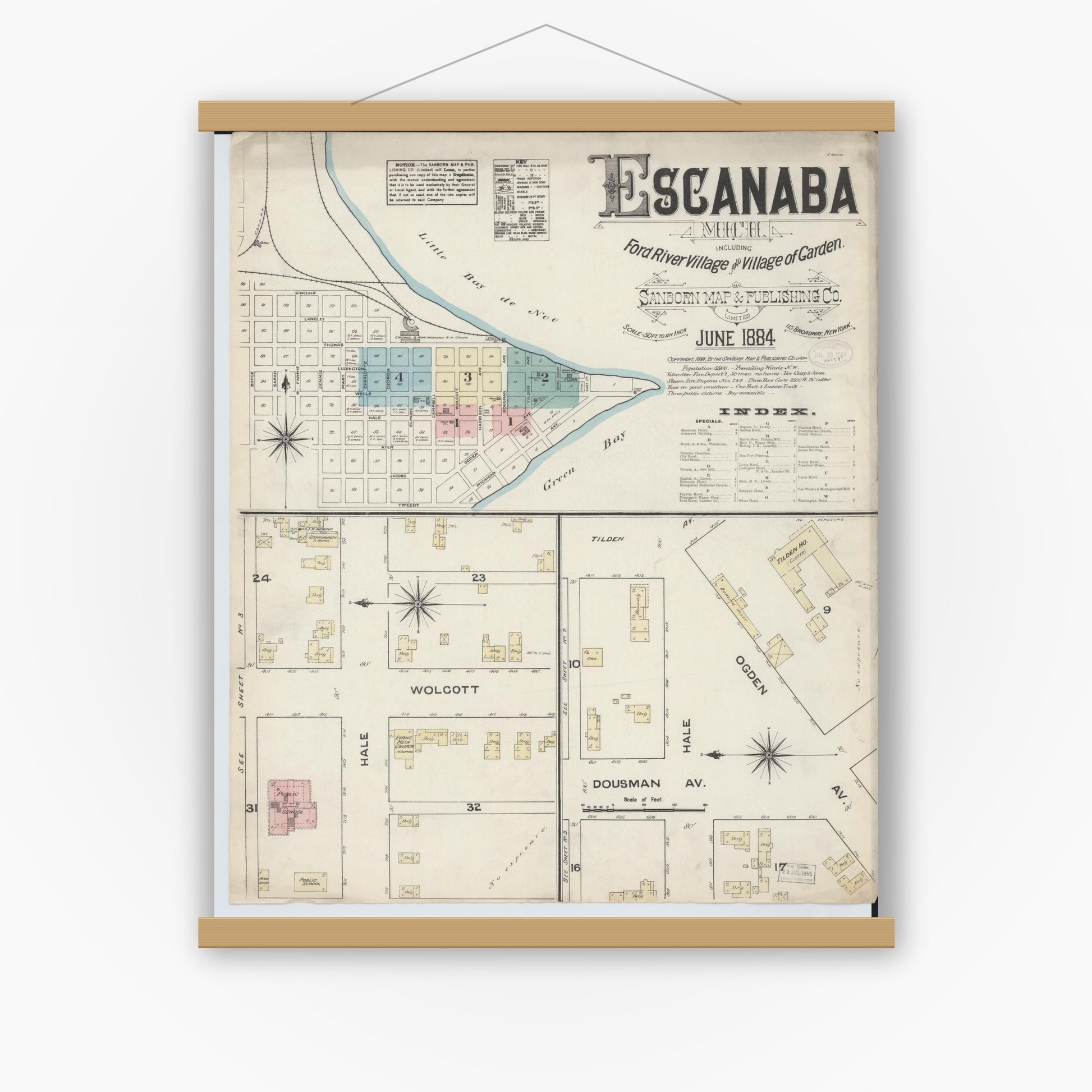 Old map wall art mockup — magnetic wood frame on white wall — Sanborn Fire Insurance Map from Escanaba, Delta County, Michigan (1884) - Complete Map Set