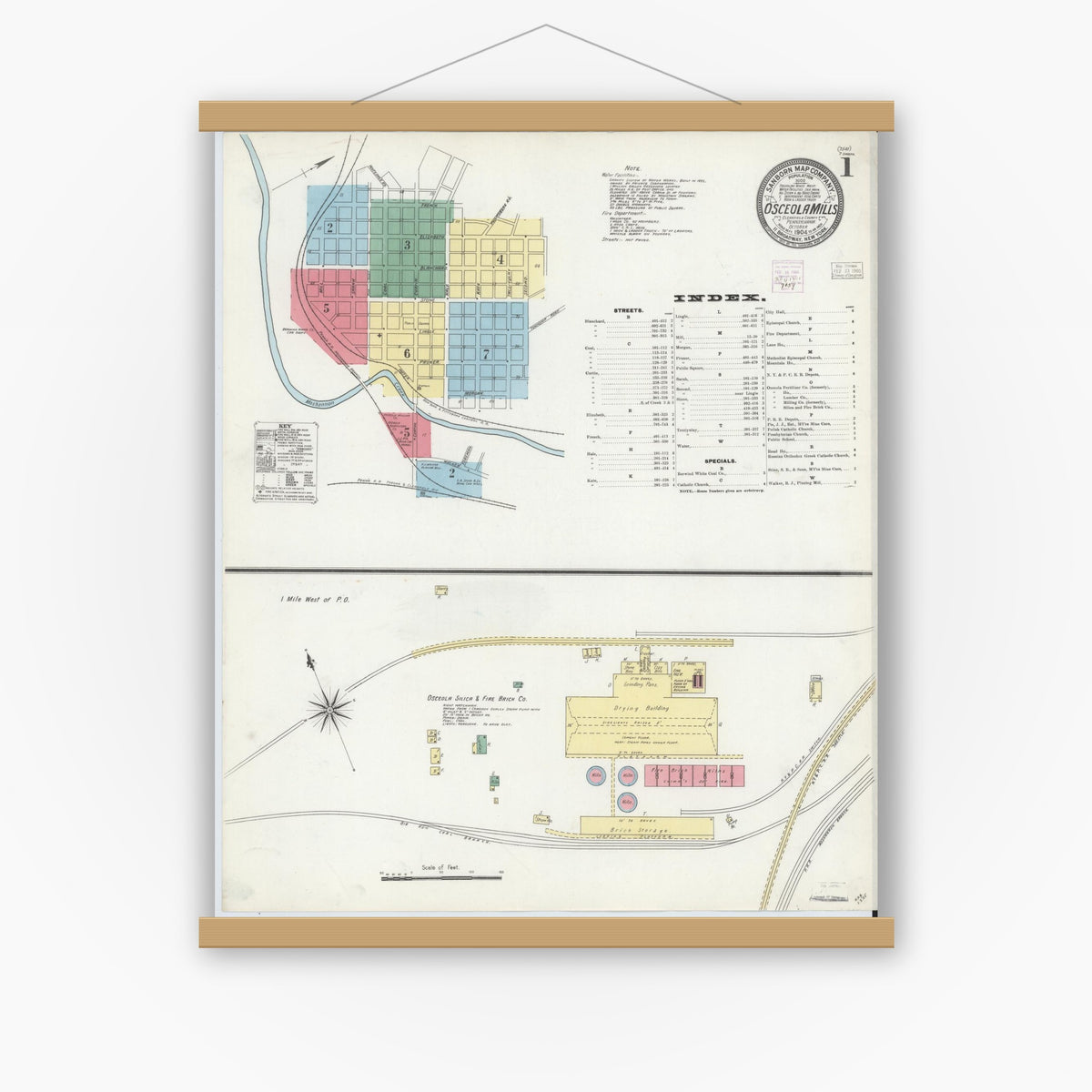 Old map wall art mockup — magnetic wood frame on white wall — Sanborn Fire Insurance Map from Osceola Mills, Clearfield County, Pennsylvania (1904) - Complete Map Set