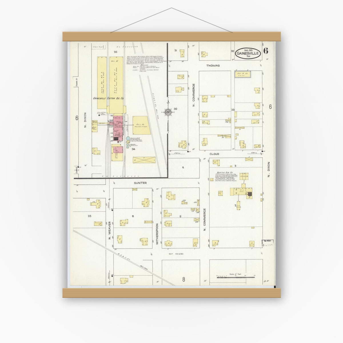 Old map wall art mockup — magnetic wood frame on white wall — Sanborn Fire Insurance Map from Gainesville, Cooke County, Texas (1913), Sheet #0006