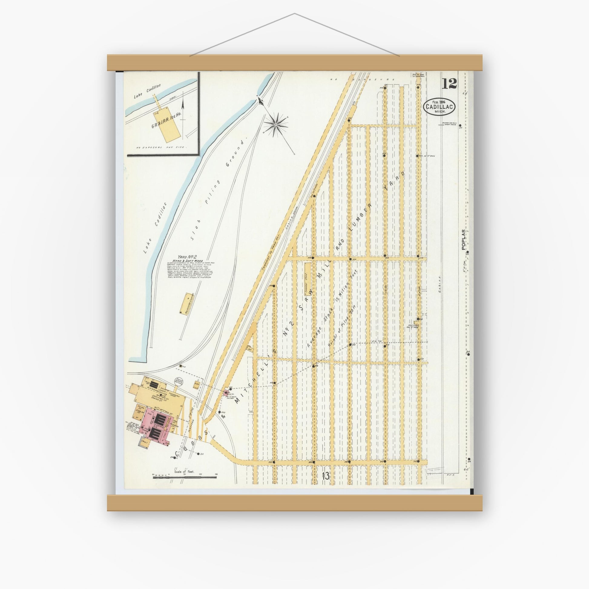 Old map wall art mockup — magnetic wood frame on white wall — Sanborn Fire Insurance Map from Cadillac, Wexford County, Michigan (1906), Sheet #0012
